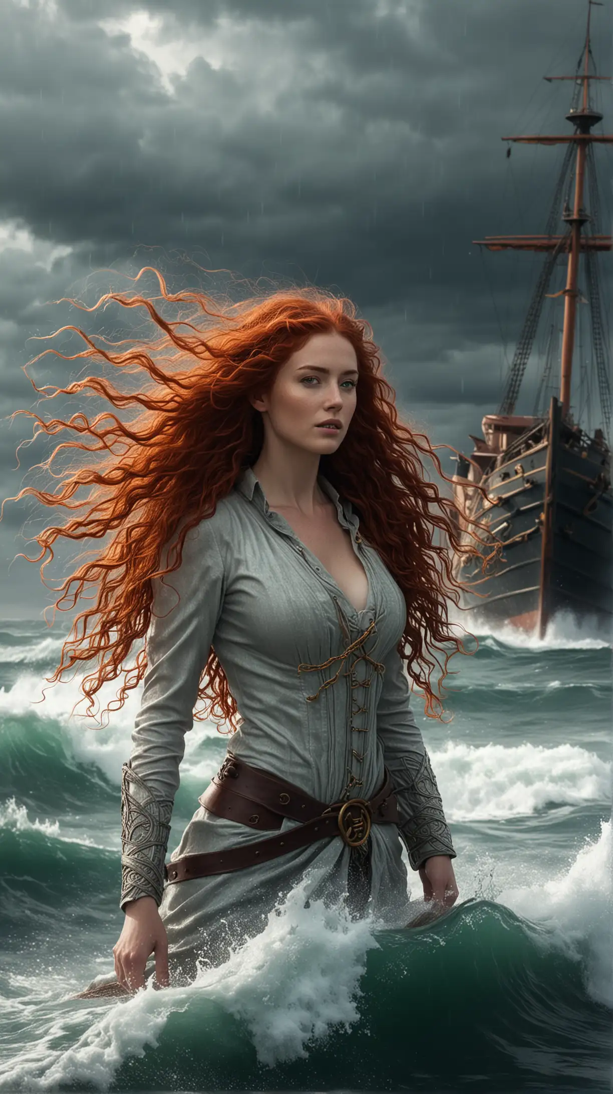 30 year old mythical female siren, in the sea, long curly red hair, storm, ship in the distance