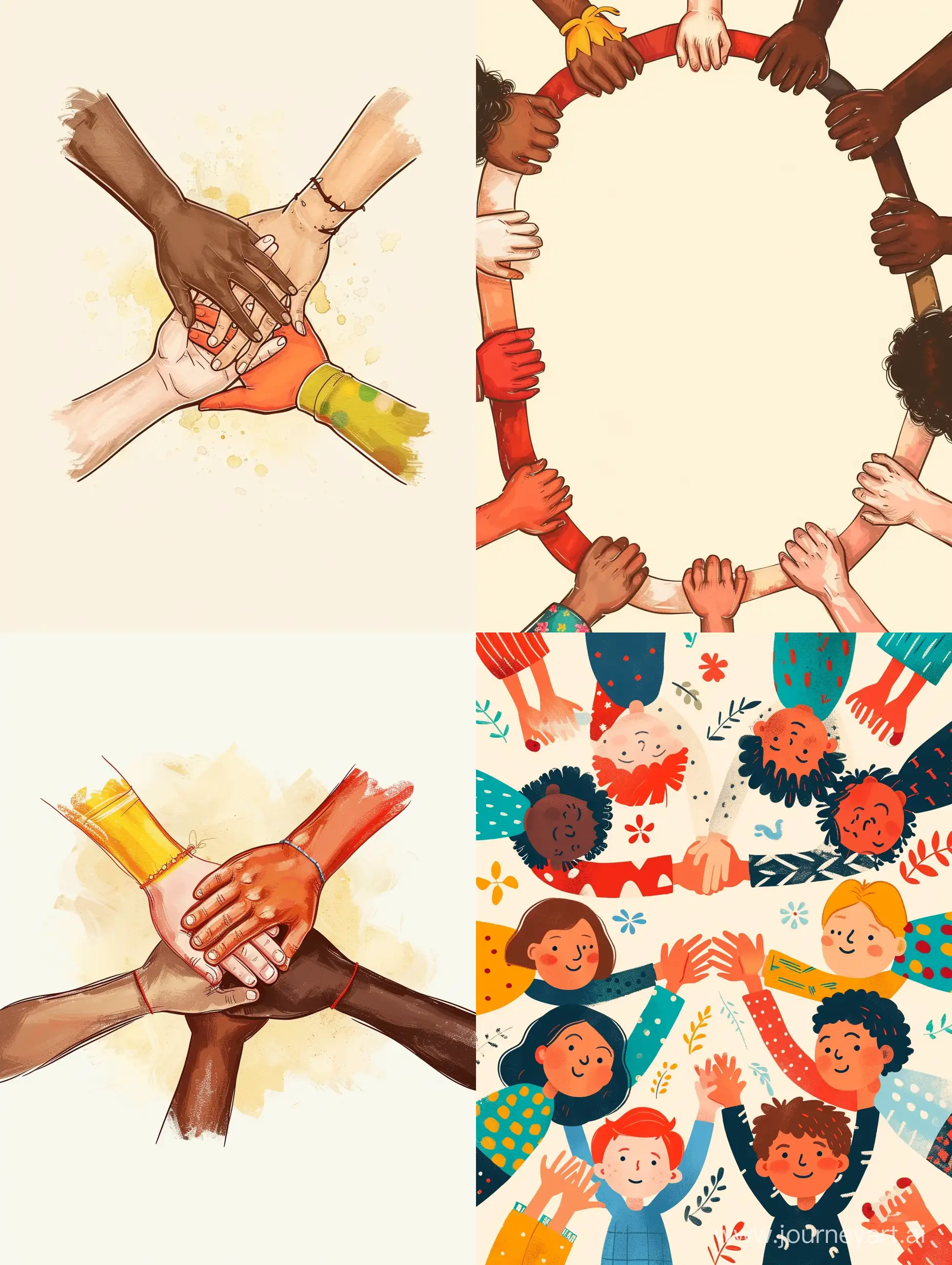 kids from different nations with different color skins, hands together, illustration style, style of pascal champions illustrations, not much details, with simple light color background