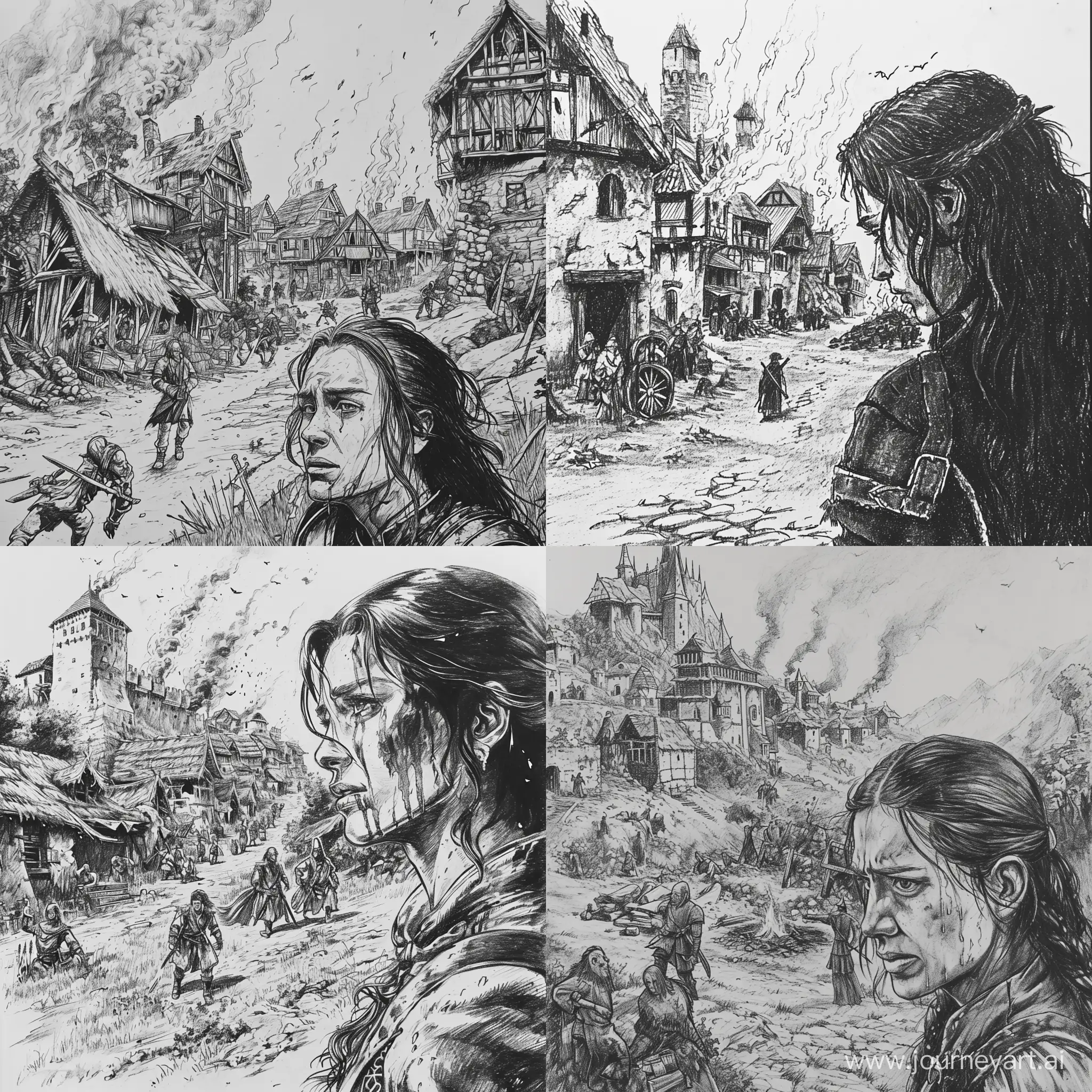 В чёрно-белом цвете, нарисовано карандашом, в стиле старого аниме, средневековье,дарк фэнтези, сожженная деревня, бандиты, плачущая женщина