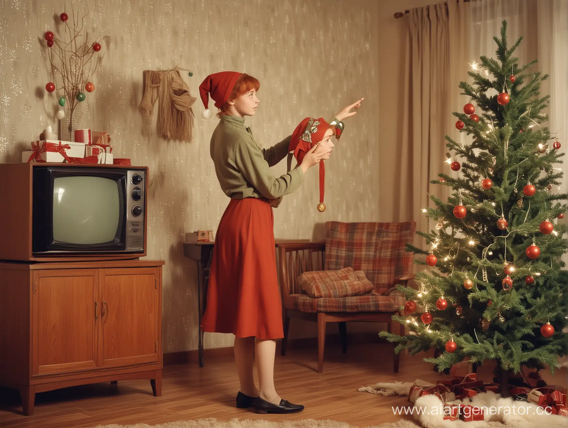 Vintage photo of a thin young red-haired short-haired elf girl with no hat decorating a christmas tree in a cozy soviet apartment by the TV. Extremely  photo of a thin young elf red-haired short-haired girl decorating a christmas tree in a cozy soviet apartment by the TV.