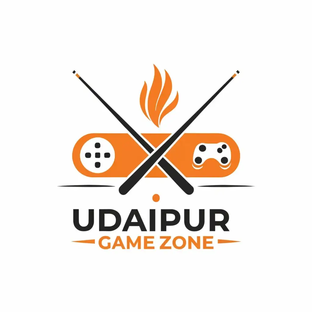 a logo design, with the text 'Udaipur Game Zone', main symbol: snooker cue sticks, fireball, game console, Minimalistic, be used in Events industry, clear background