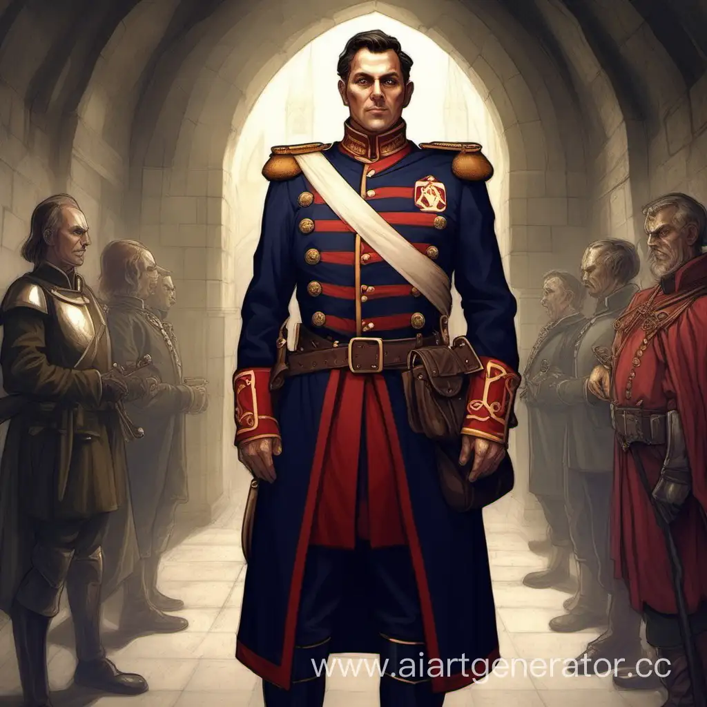 Make me a 35-year-old man in a military academy uniform, a general's uniform in the style of D&D, so that he looks at me and roughly observes medieval etiquette.