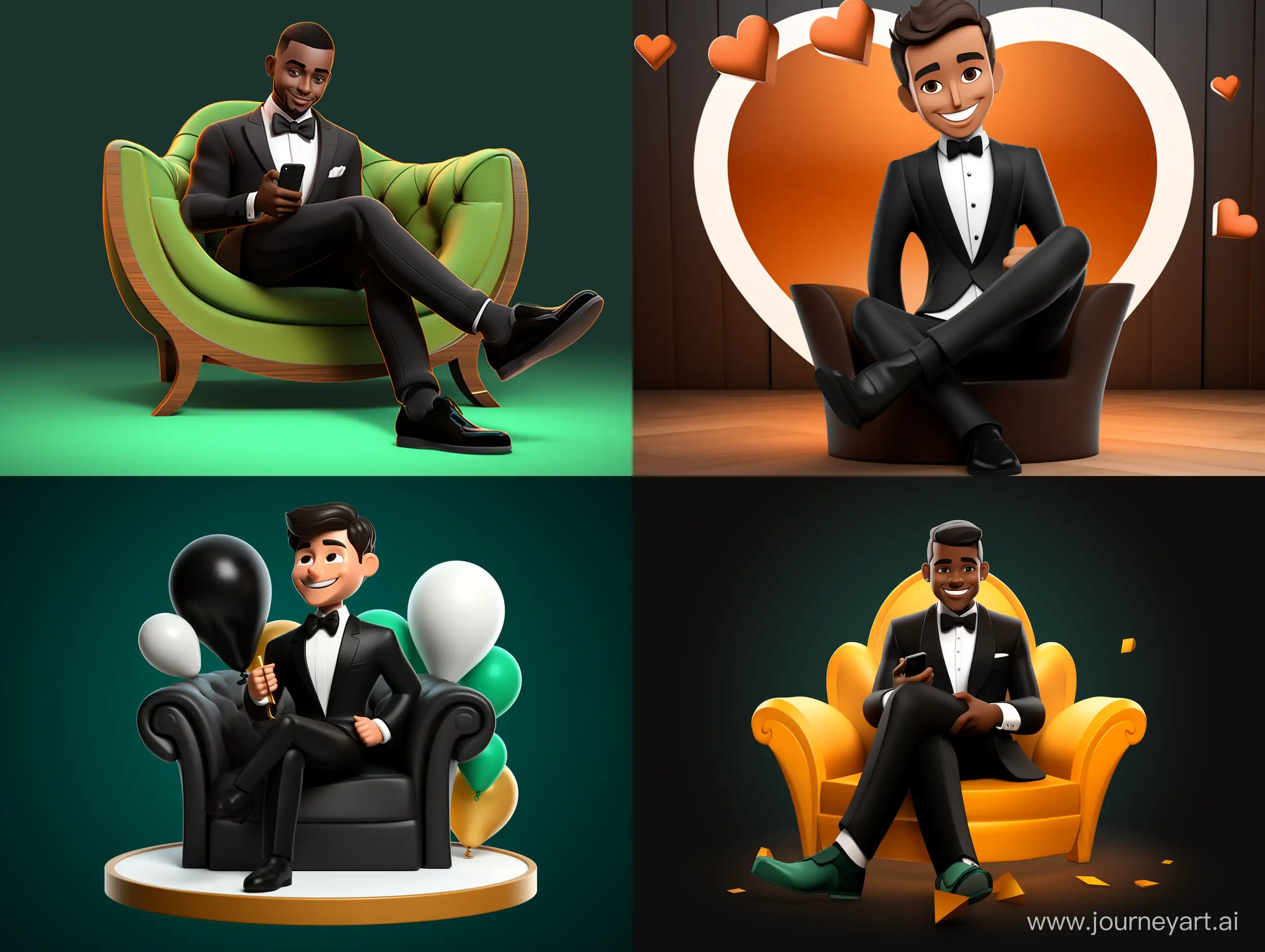 Create a 3D illustration of an animated characters sitting casually on top of a social media logo "WHATSAPP ". The character must be chocolate in complexion and wear formal clothing such as tuxedo, bow tie and shoe . The background of the image is a social media profile page with a user name "DHECENT " and a profile picture that match.