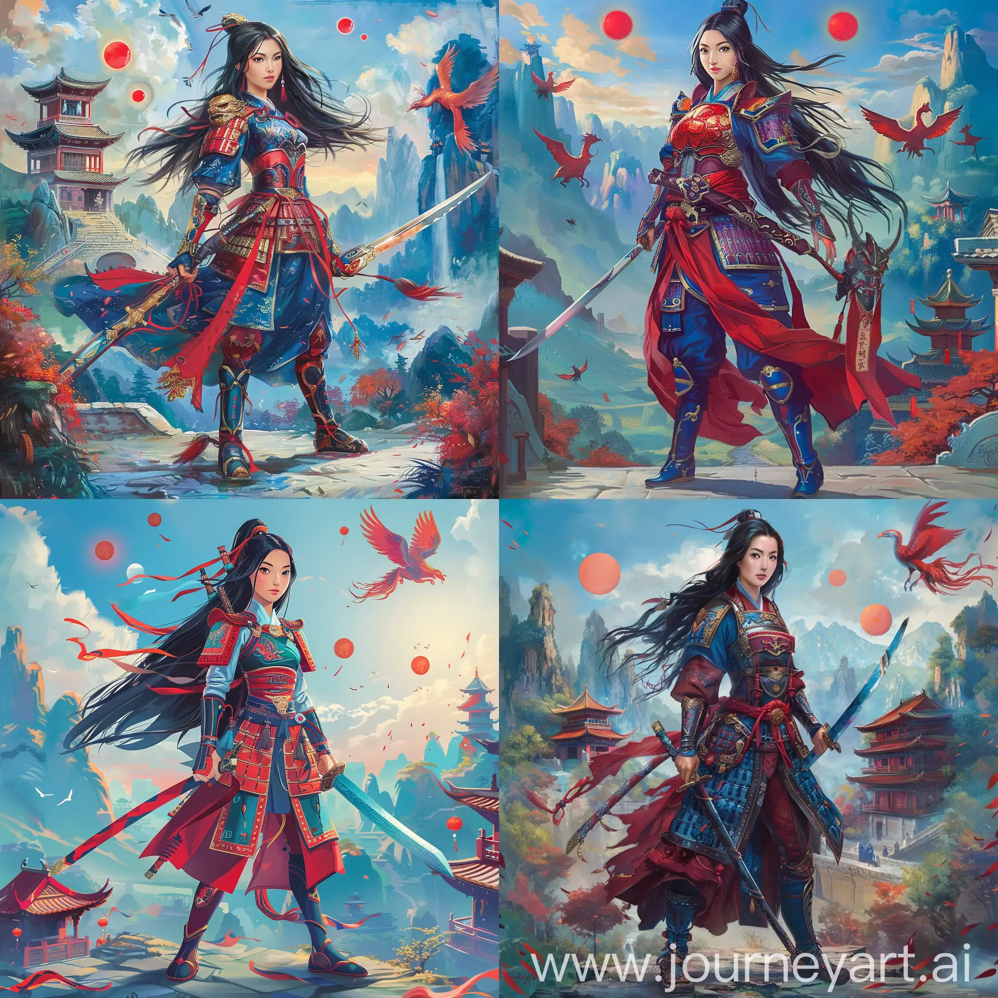 Historic painting style:

a Disney Beautiful Chinese Princess Mulan, with long black hair, she wears deep red and deep blue color Chinese style medieval armor and boots, she holds a Chinese sword in right hand, 

Chinese Guilin mountains and temple as background, small phoenix and three small red suns in blue sky.