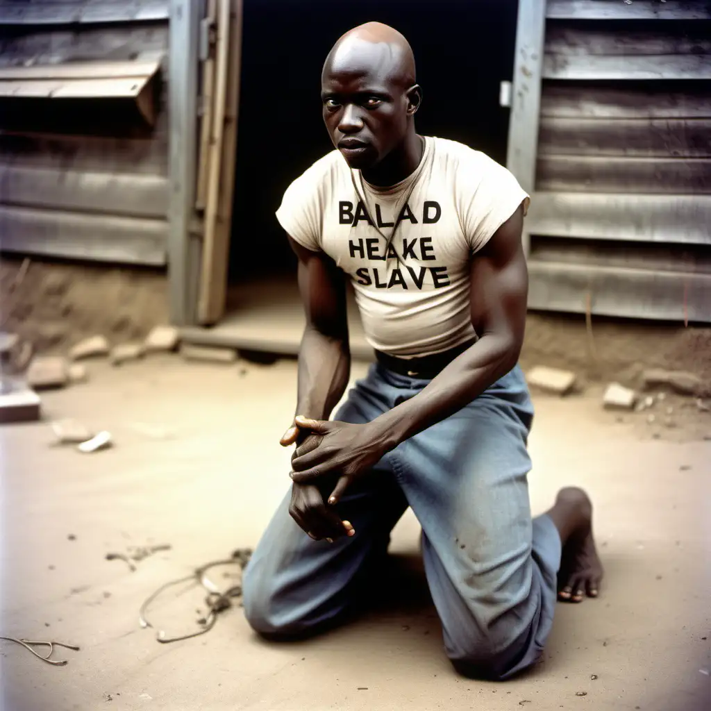 Humble Baldheaded Black Slave Kneeling with 500 per Month Sign