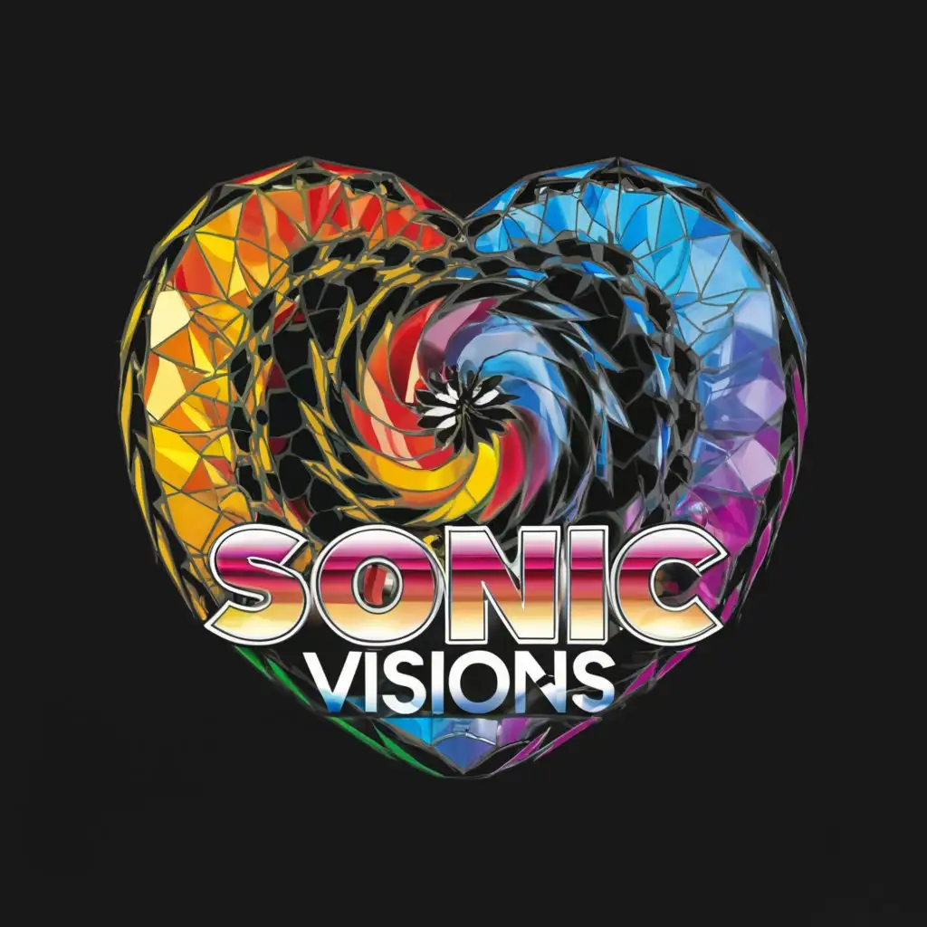 a logo design, with the text 'Sonic Visions', main symbol: swirling black hole and fractured diamond with heart pattern, rainbow colored, sonic the hedgehog font, complex, to be used in Entertainment industry, clear background