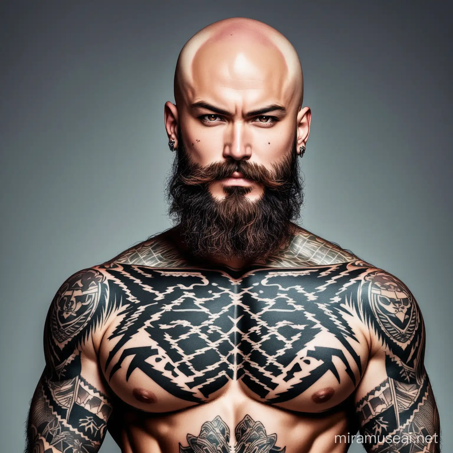 masculine man with messy beard and bald head and also tattoos on face