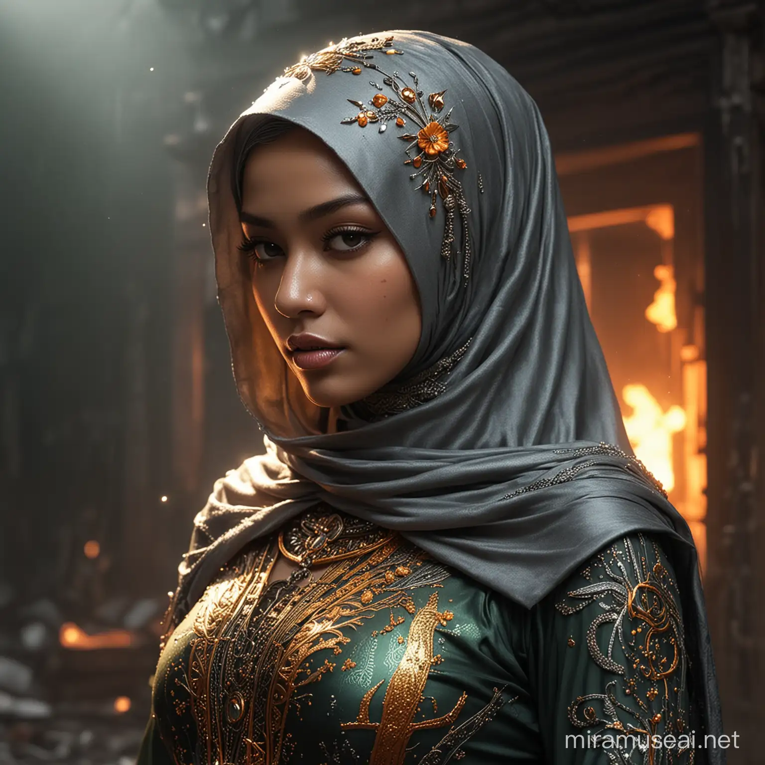Amidst the ruins of the dark, broken cyber city, an enigmatic Malay girl emerges, her sleek grey and silver hijab adorned with jewels, a shoulder scarf billowing with wind, wear traditional green and gold baju kebaya, its floral motifs fading with time.  a hi-tech long sword in hand and cybernetic gloves gleaming with black titanium and flickering neon accents, hyper realistic, hyper details, orange mood colour concept, back lighting, fire spark