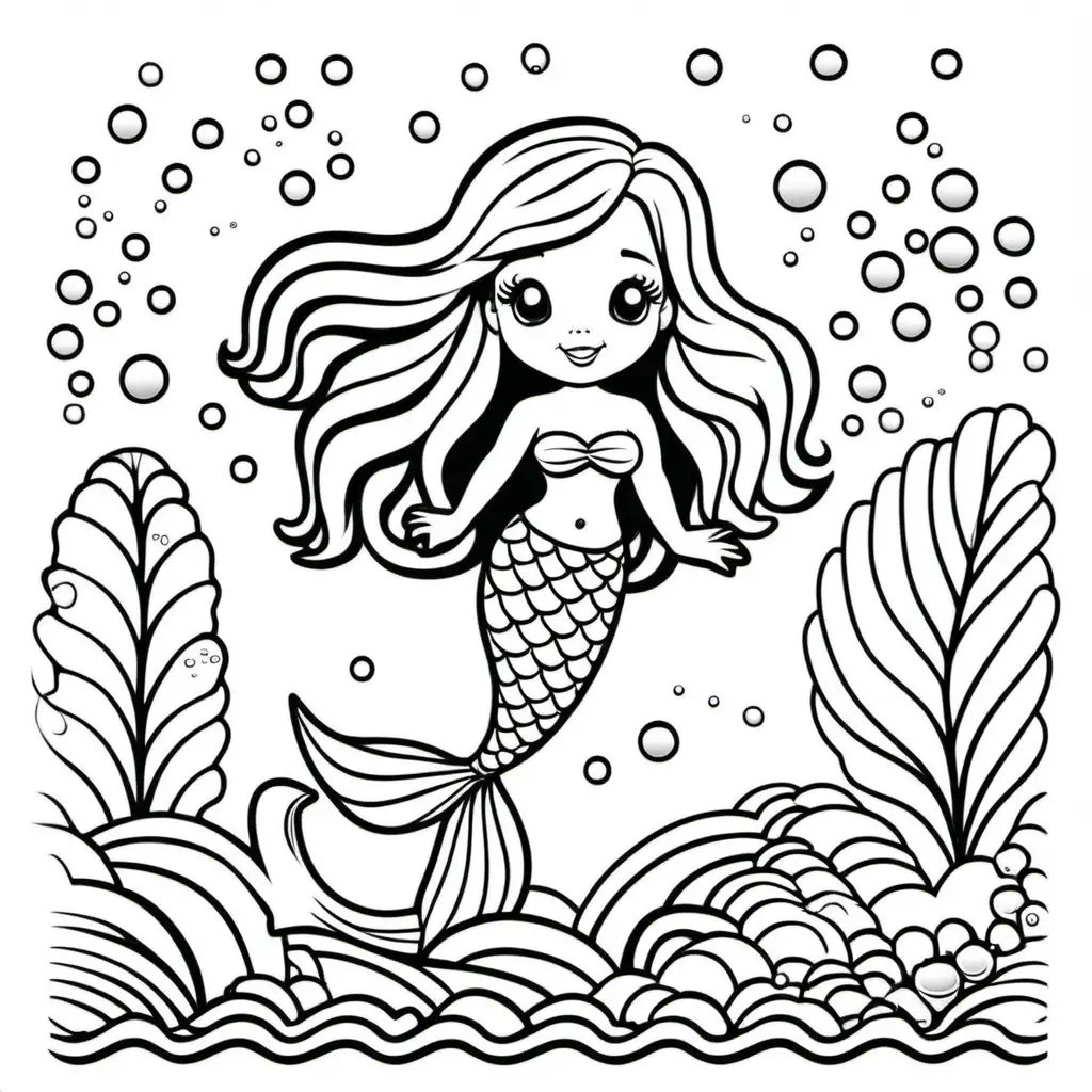 Cute mermaid simple for Kids coloring book Black and White