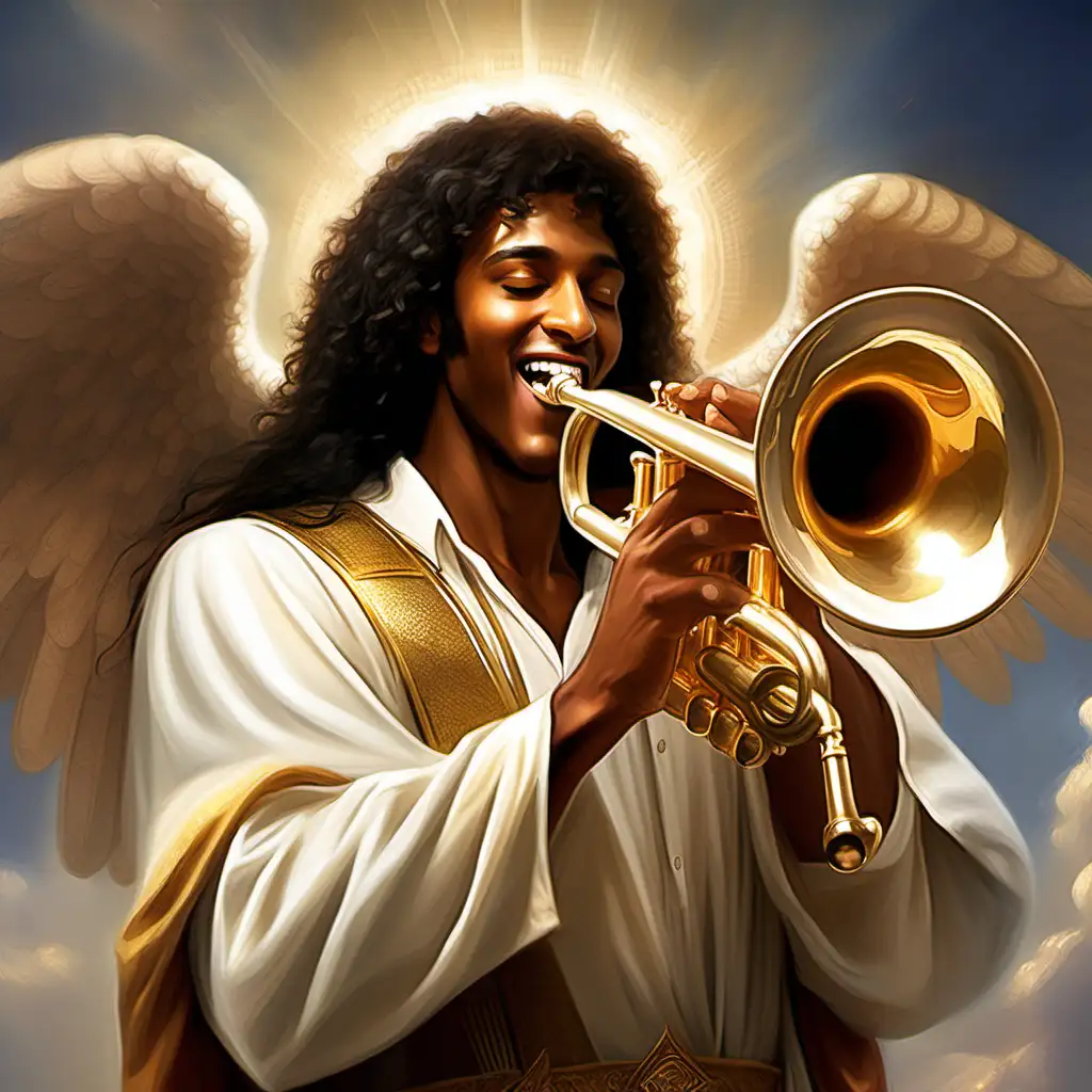 light Brown skin and dark hair man Israeli Archangel blowing a trumpet looking joyful