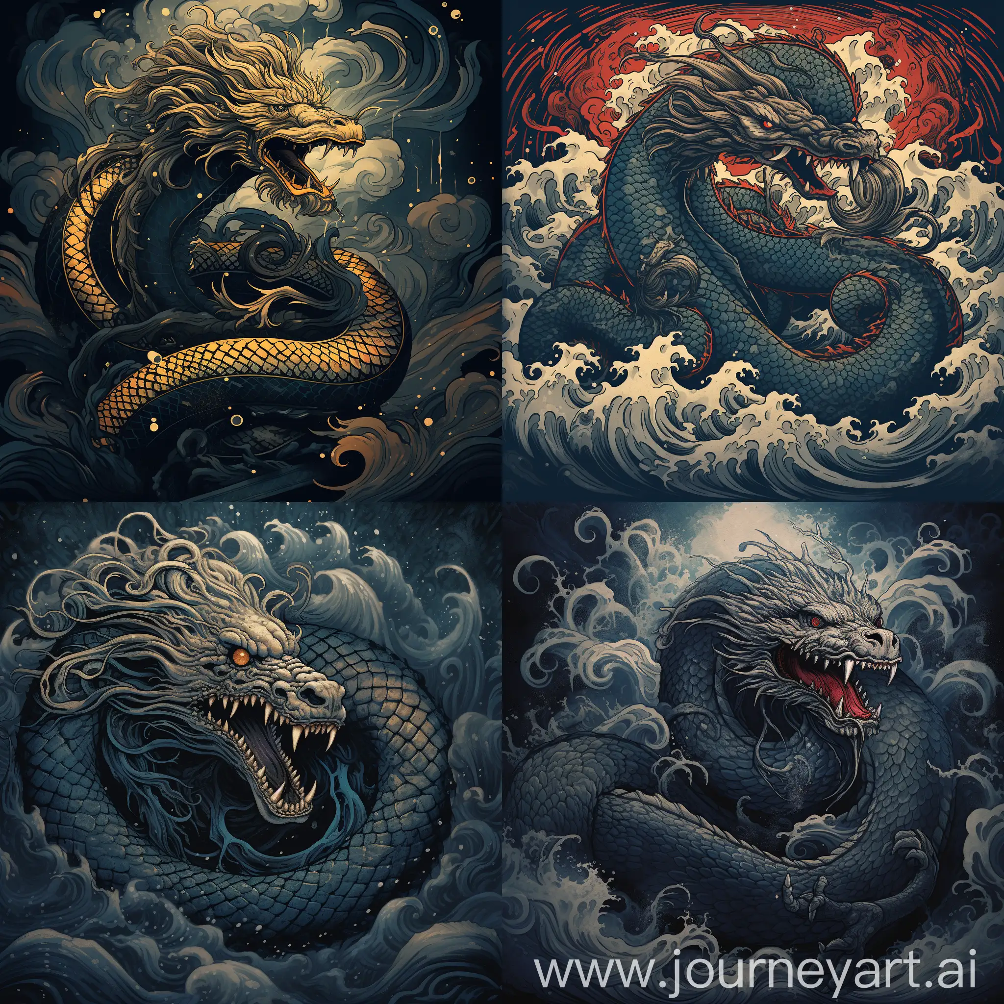 An intricately detailed illustration of Jormungandr, the Old Norse saga creature, in the style of a Viking tapestry, featuring swirling patterns, scales, and fierce eyes, set against a backdrop of a stormy sea with crashing waves and lightning bolts --s 150 --ar 1:1 --c 10 --v 5.2
