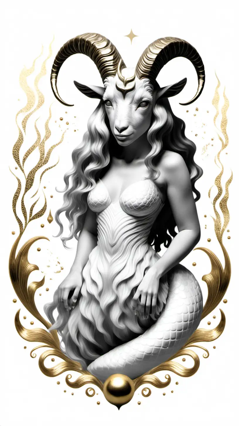   featuring a realistic [A goat mermaid] representing [capricorn zodiac]
[black and white and gold]
white empty background