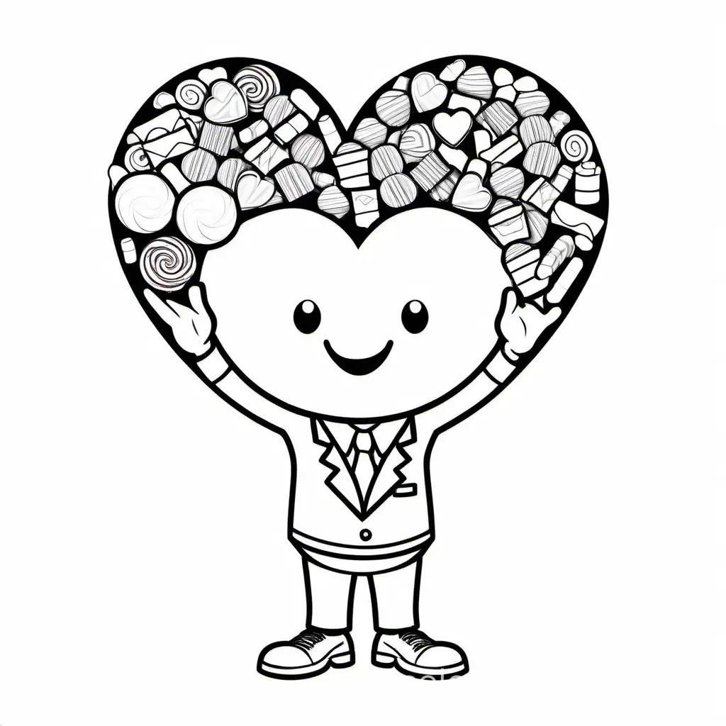 cartoon man with a heart shaped head filled with candy and chocolates, Coloring Page, black and white, line art, white background, Simplicity, Ample White Space. The background of the coloring page is plain white to make it easy for young children to color within the lines. The outlines of all the subjects are easy to distinguish, making it simple for kids to color without too much difficulty