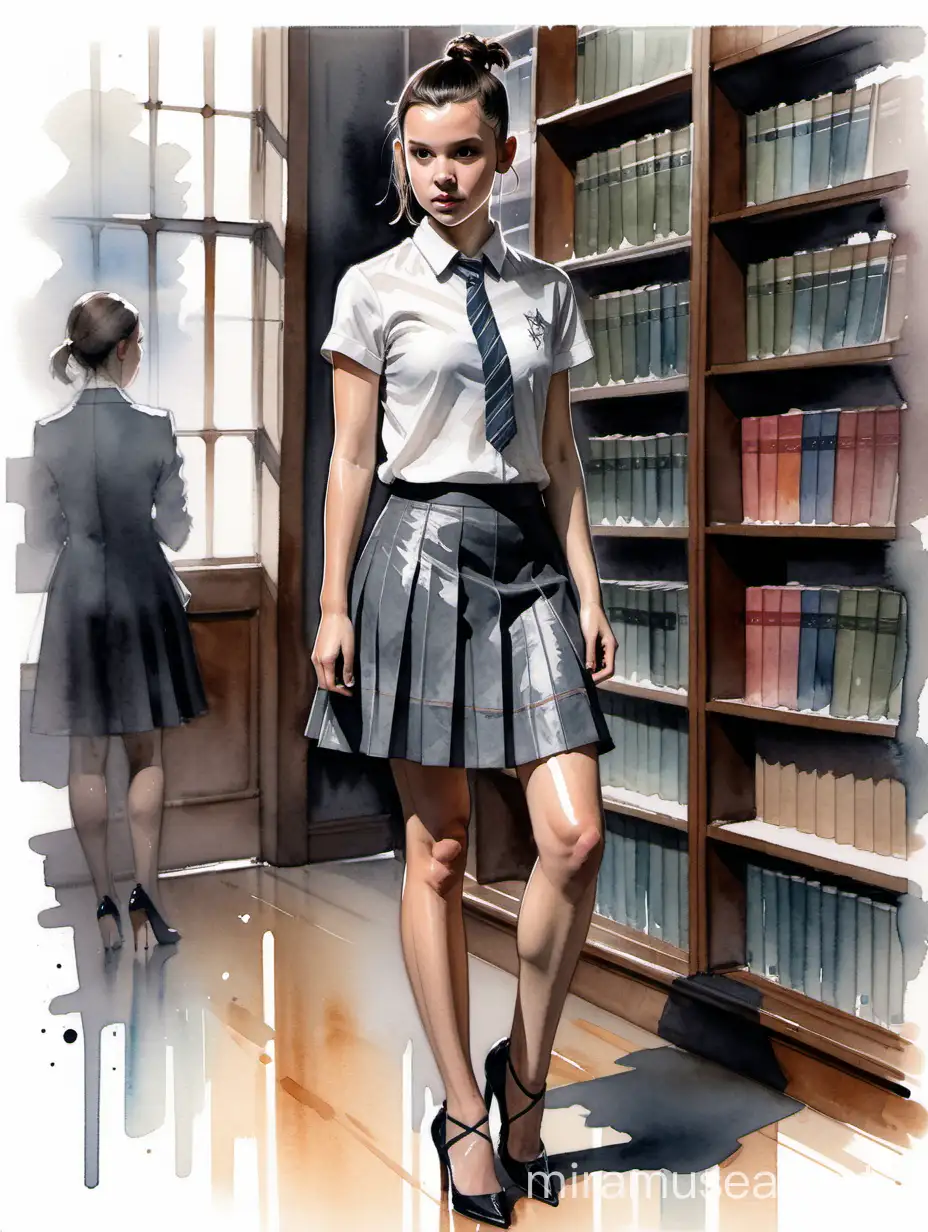 Alex Maleev illustration depicting Millie Bobby Brown wearing school skirt and high heels in a dark library, smirking, short ponytail, messy watercolor, very delicate and thin lines, no distortion, gray palette, insanely high detail, very high quality, low angle view