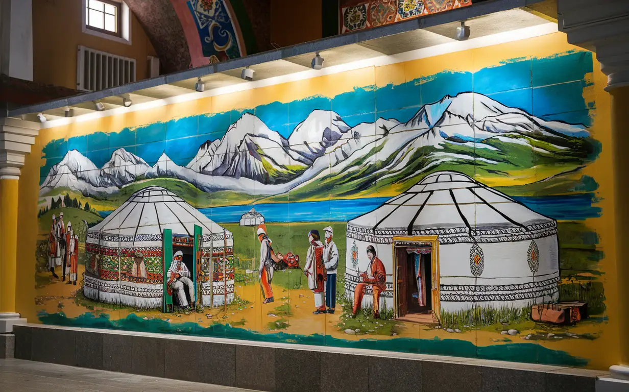 светлая стена внутри здания в исторических казахских рисунках где кочевники в юртах в горах у озера