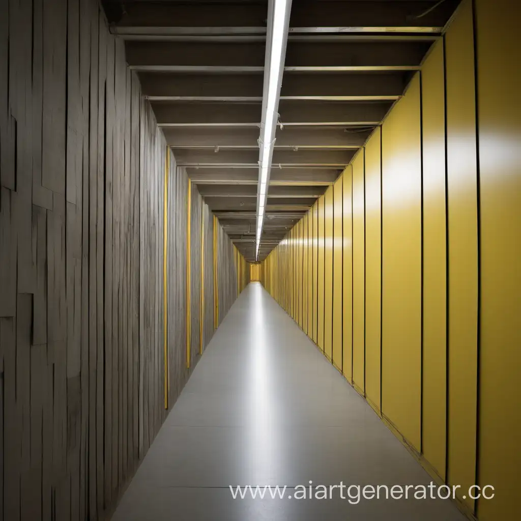 Длинный коридор без дверей по бокам, оканчивающийся тупиком. Стены из светлых, шершавых досок, посередине стены тонкая, горизонтальная полоса из ярко желтого металла