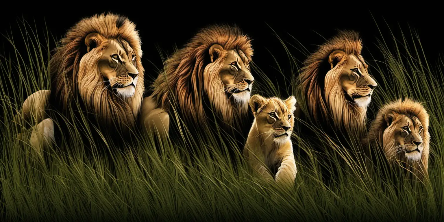 Pride of Lions Roaming in Lush Grass Against a Majestic Black Sky