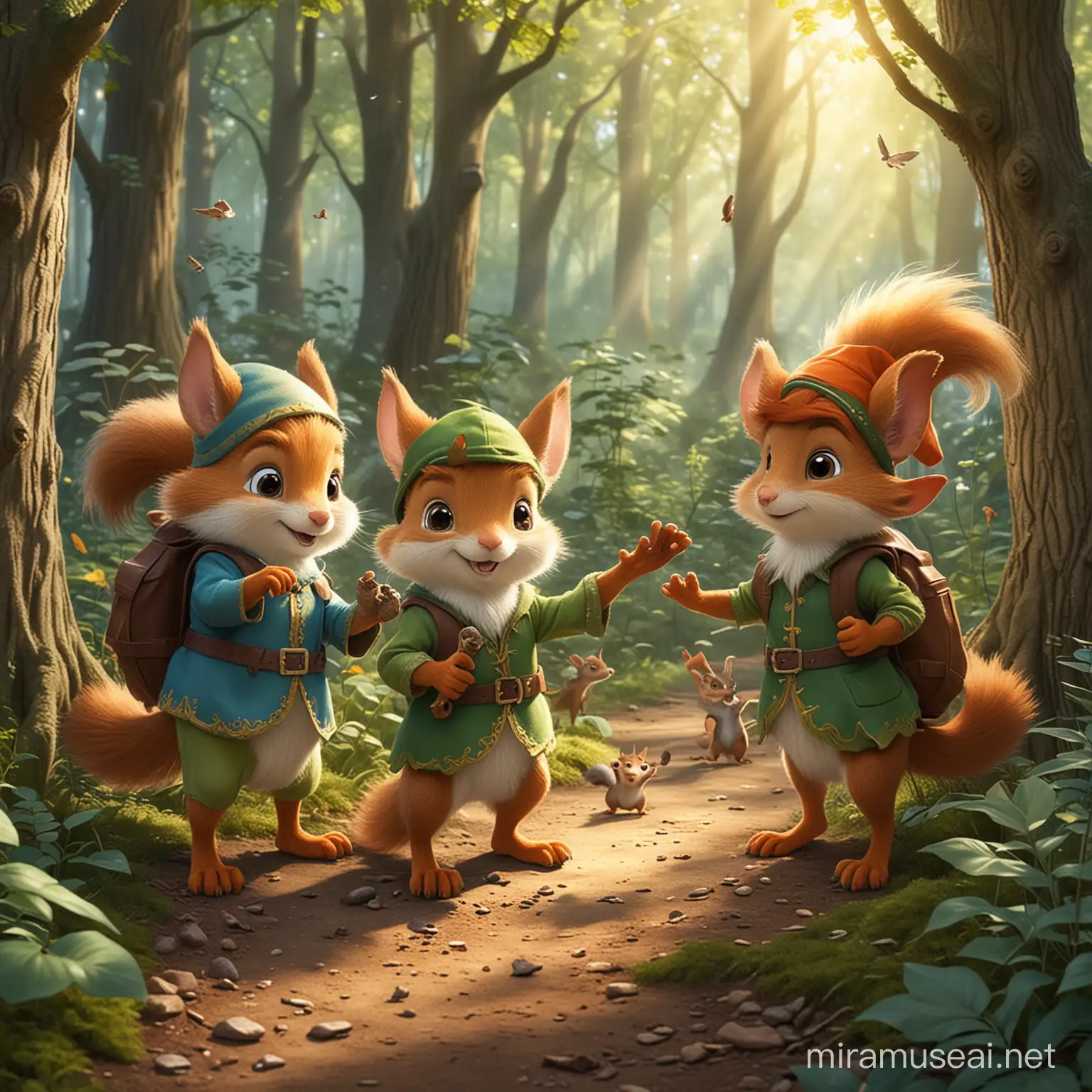 Illustrate a heartwarming scene for the first chapter of the children's storybook 'Magical Forest Friends'. The scene depicts a group of adorable elves discovering a lost squirrel in the deep forest. They are extending a helping hand to guide the squirrel back home, surrounded by vibrant trees and cheerful sunlight. The atmosphere should convey feelings of kindness, empathy, and camaraderie.