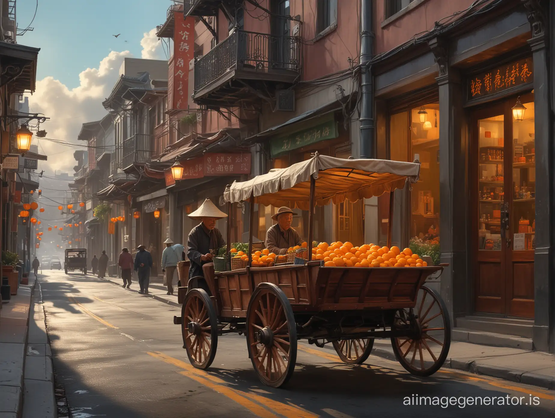 a digital art painting, in Winslow Homer's style. An elderly Chinese merchant pulls a cart of oranges along the steep streets of San Francisco. Evening, shop windows are brightly lit, street lamps are on, lonely clouds, illuminated by the setting sun, float in the sky. 4K resolution, cinematic composition, dramatic lighting --ar 3:2 --v 6.0 --s 350 --chaos 5