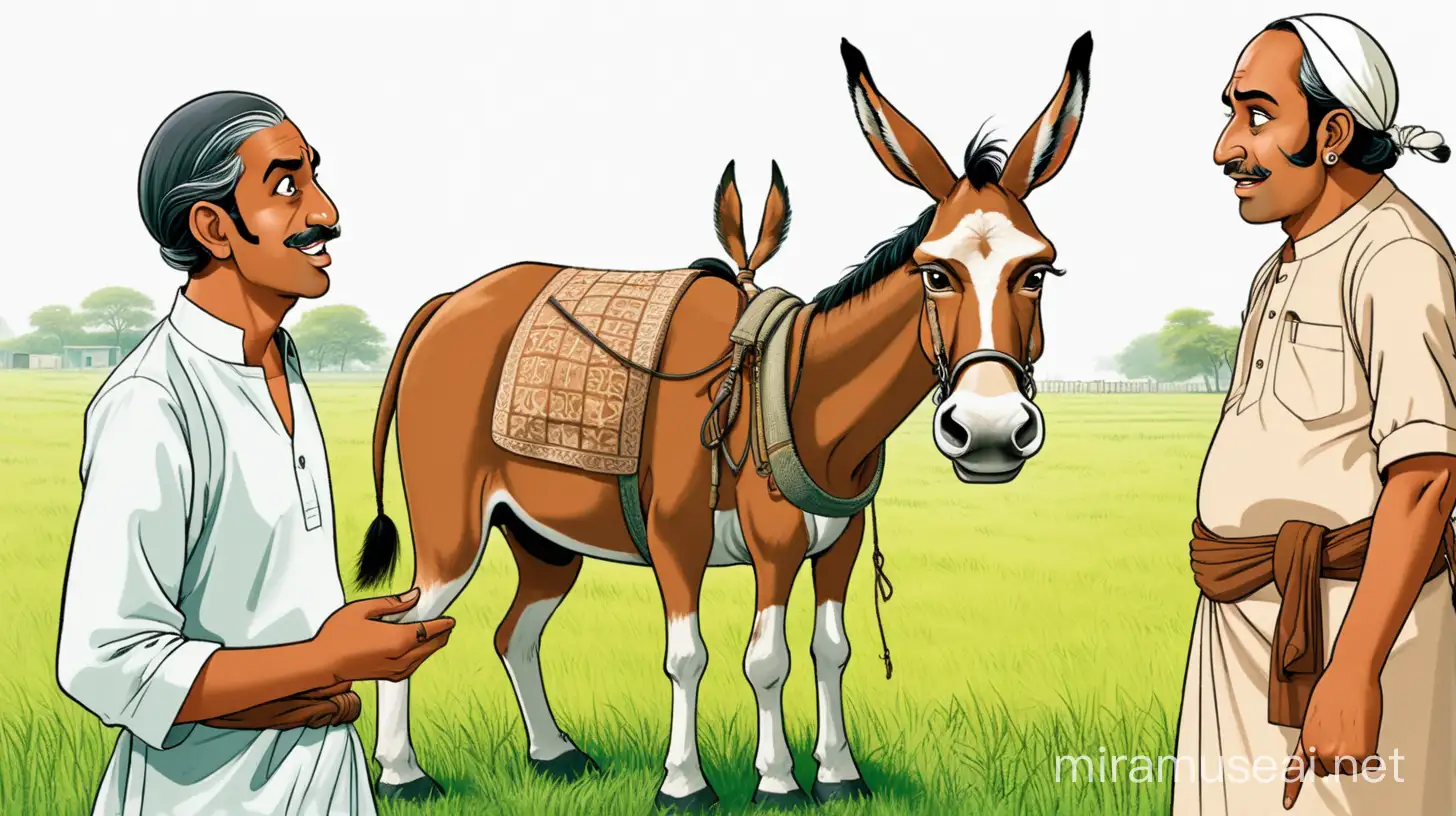 Two Bengali men talking in a grass field with a mule in background.  Please make the image cartoon type.