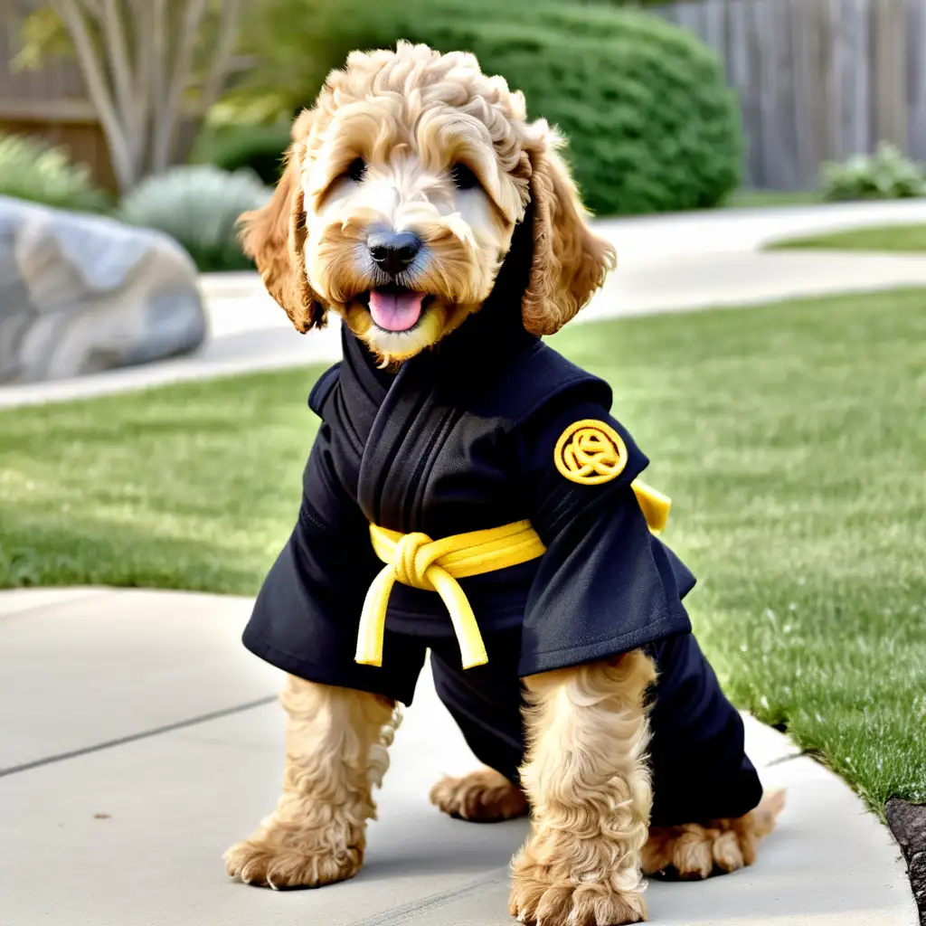 Playful Golden Doodle Puppy in Black Ninja Costume