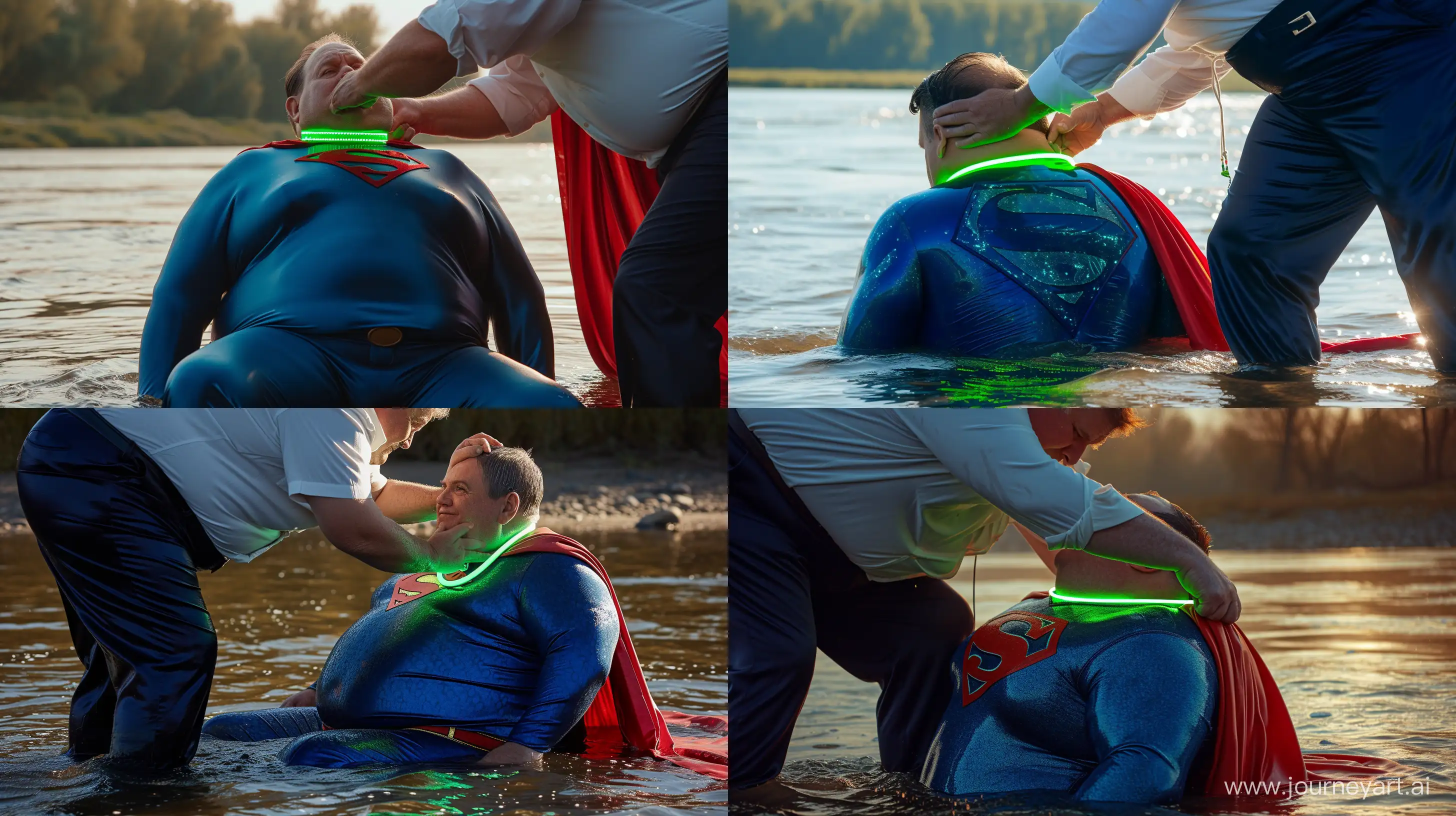 Close-up photo of a fat man aged 60 wearing silk navy business pants and a white shirt. Bending and putting a tight green glowing neon dog collar on the nape of a fat man aged 60 wearing a tight blue superman costume with a red cape sitting in the water. Daylight. River. --style raw --ar 16:9