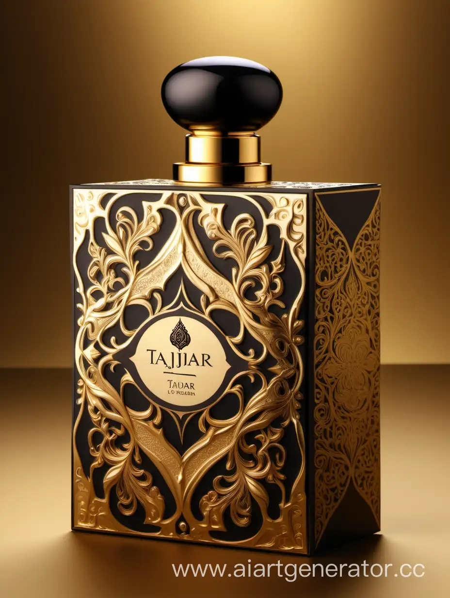 Box package design of perfume TAJDAR product, elegant, trending on artstation,   sharp focus,   studio photo,   intricate details,   highly detailed,   gold, Royal black and beige color on gold background