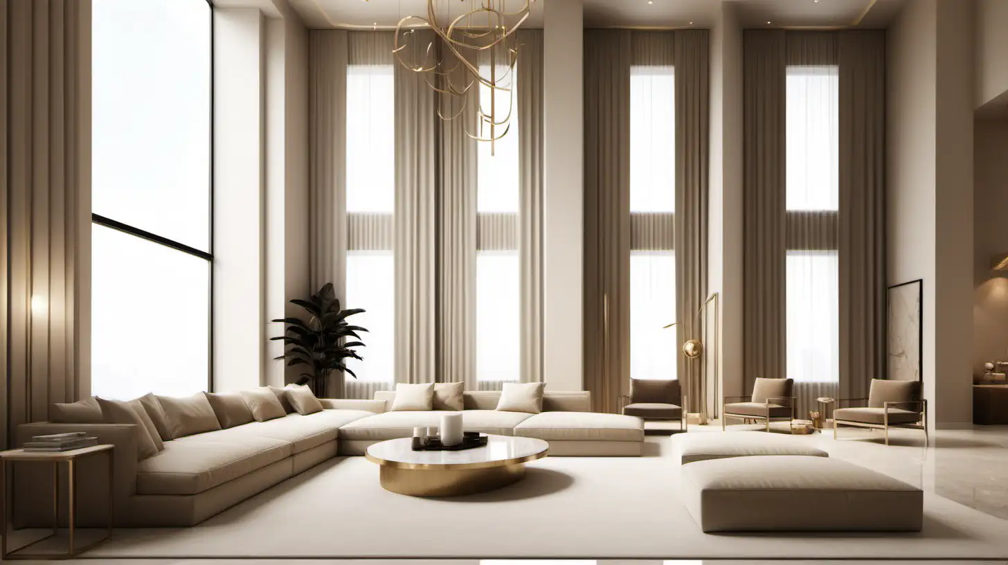 Elegant Minimalist Lounge Room with Double Height Ceilings in Beige Oak and Brass Tones
