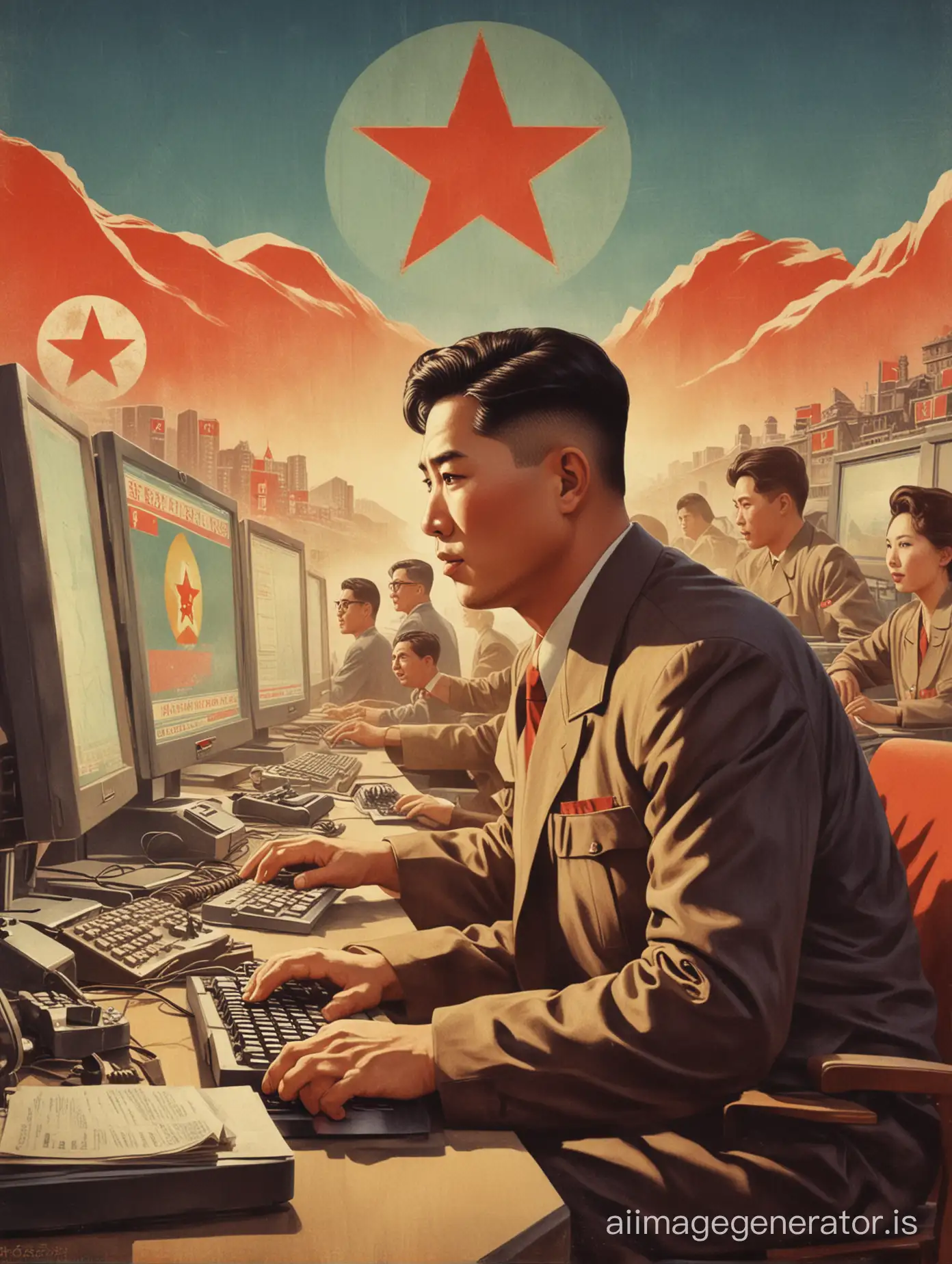 crypto traders trading on computers in vintage north korean communist poster style