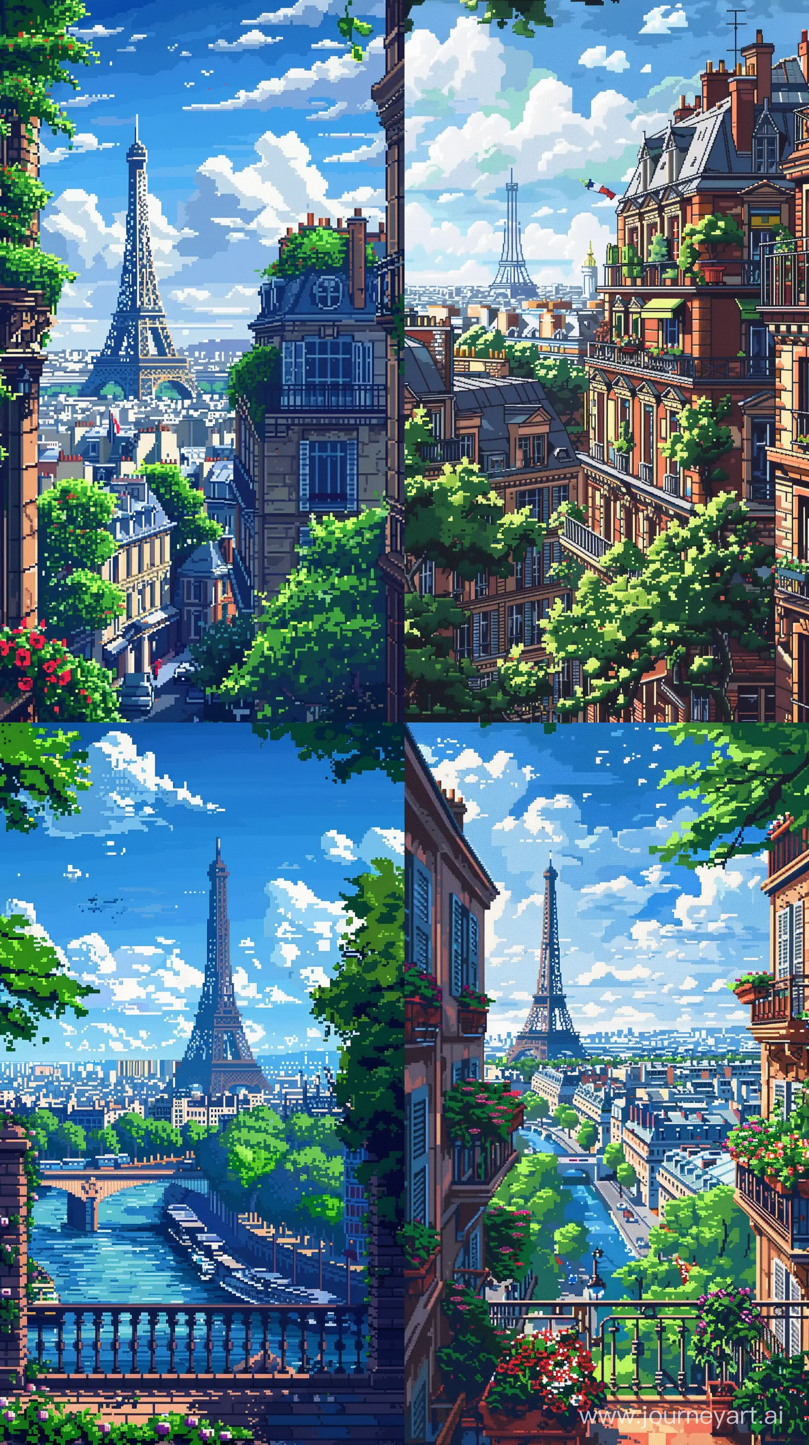Paris City View Illustration in 8-bit Pixel Art Style, Day Time, Retro Color Details, Extremely Details --s 400 --ar 9:16