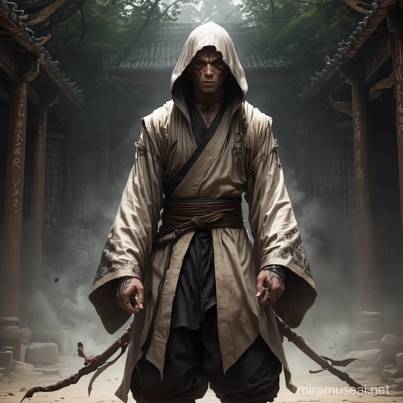half-elf, light skinned monk in hooded robes, shaved head with tattoos, deep swirling shadows surround him, wearing a ninja mask