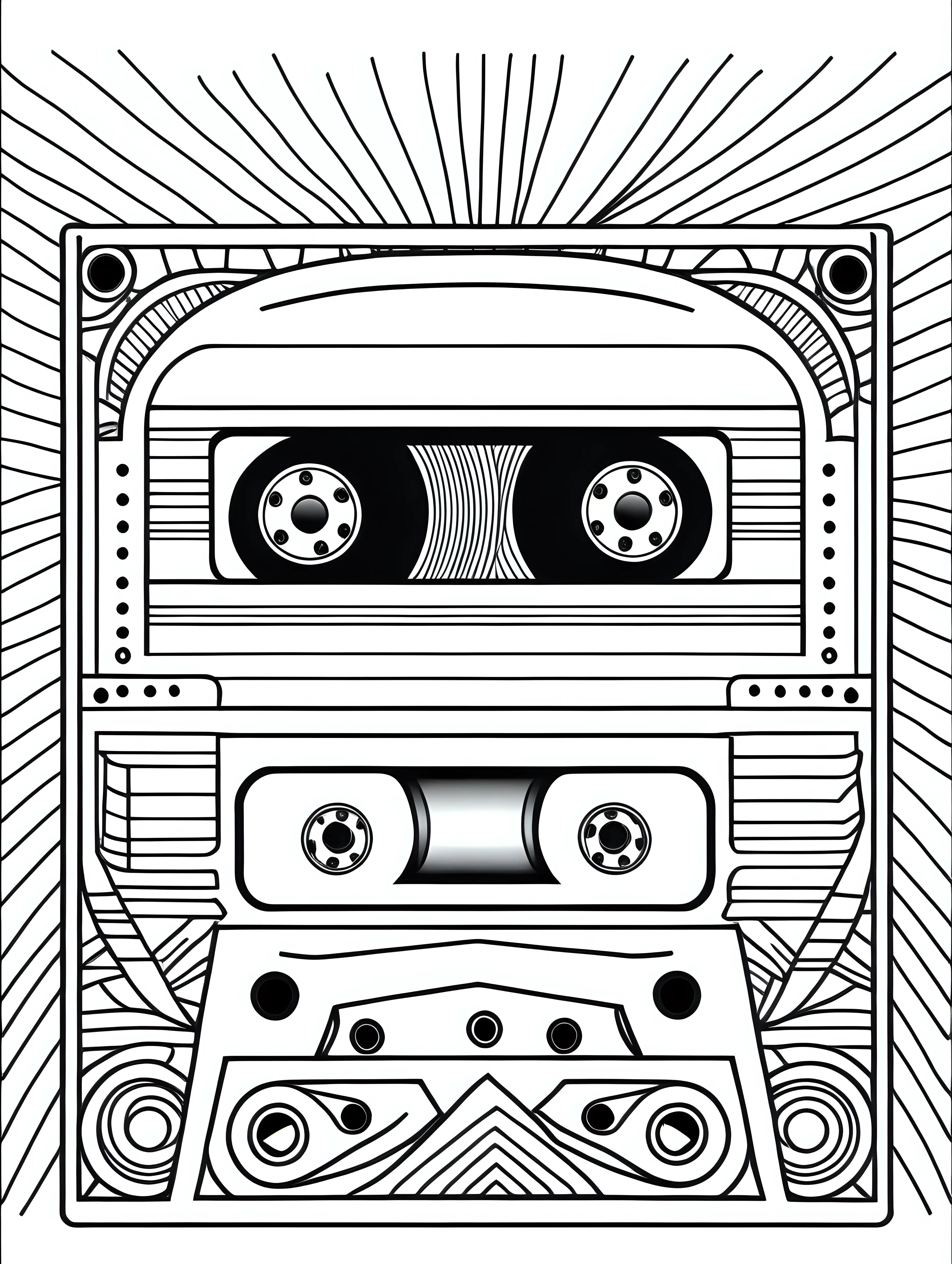 Adult coloring book page. Black and white. Simple line art. Mixed Tape with Blank Label.
