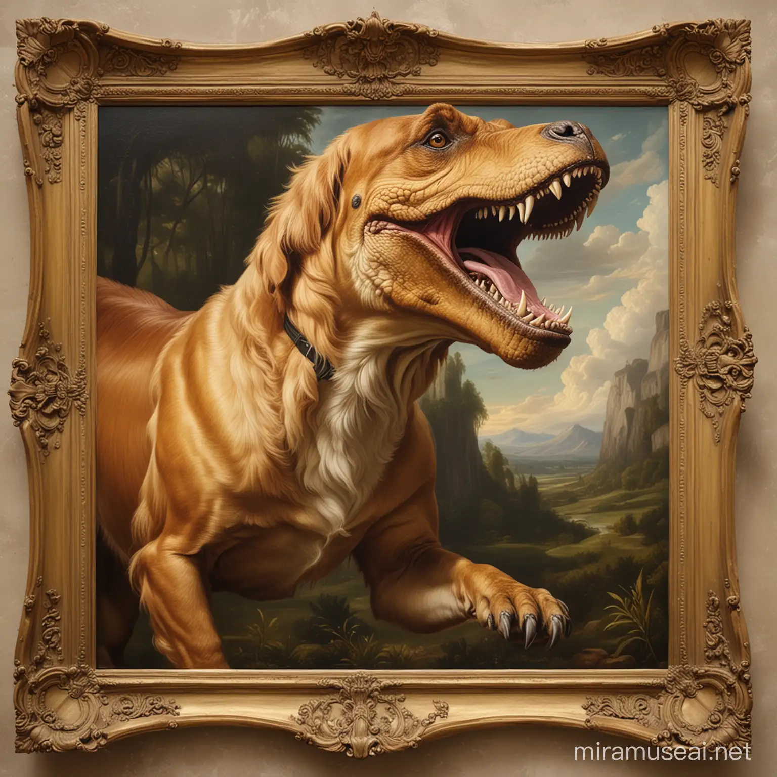 A renaissance style painting, a Tyrannosaurus rex mixed with a golden retriever.  