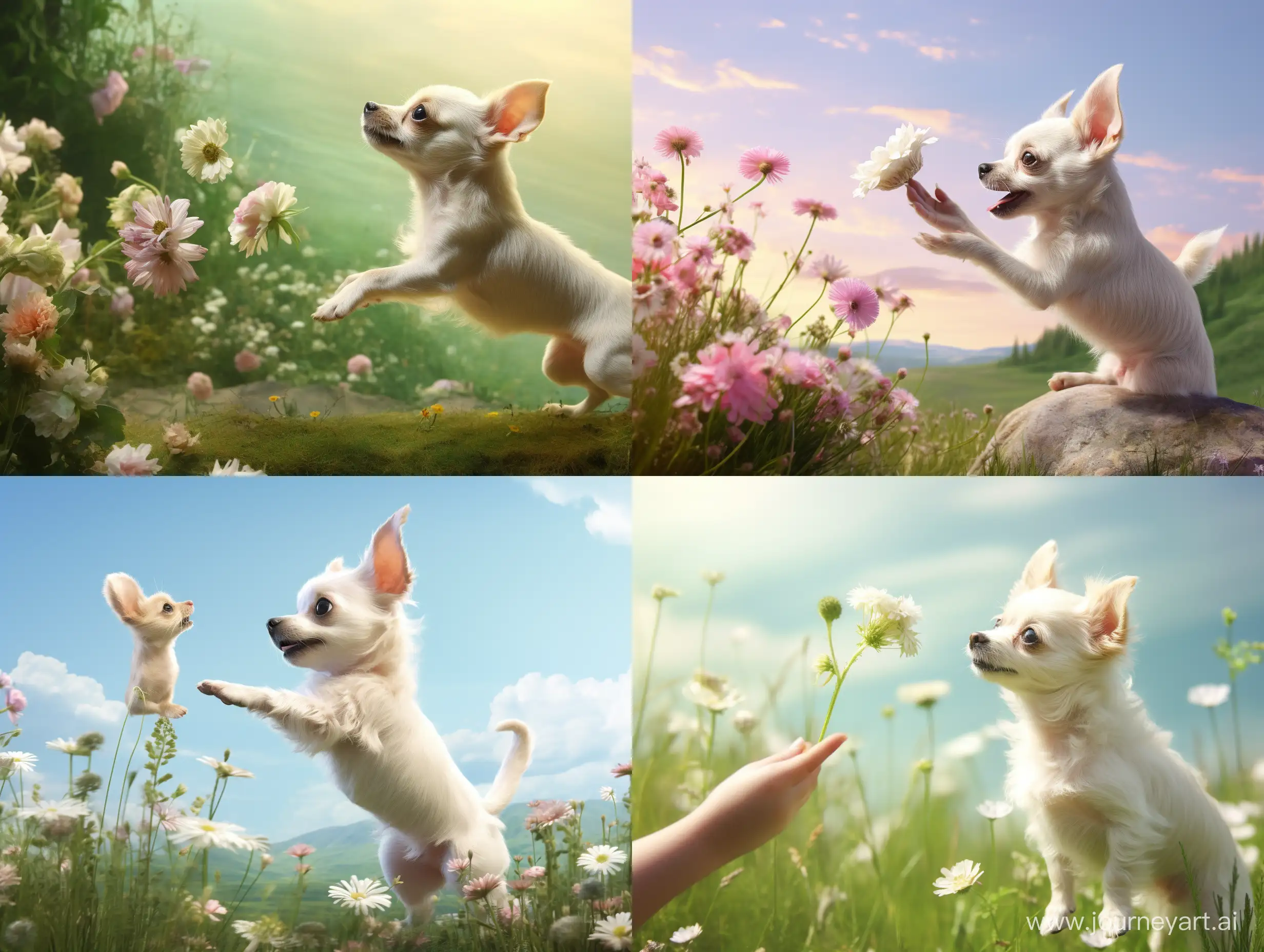 A short hair white chihuahua jumping into air trying to grab a bone from small girls hand. Summer, flowers and green grass on a background.