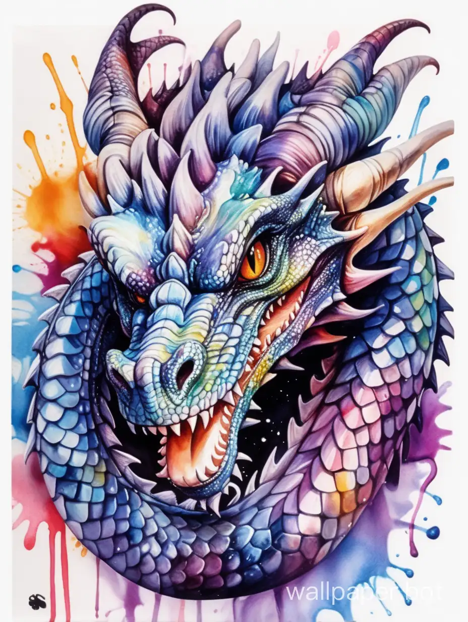 Dragon, head wrapped around its own body, crazy, watercolor fluid, high contrast, strong shadows, street art style, sticker, white background