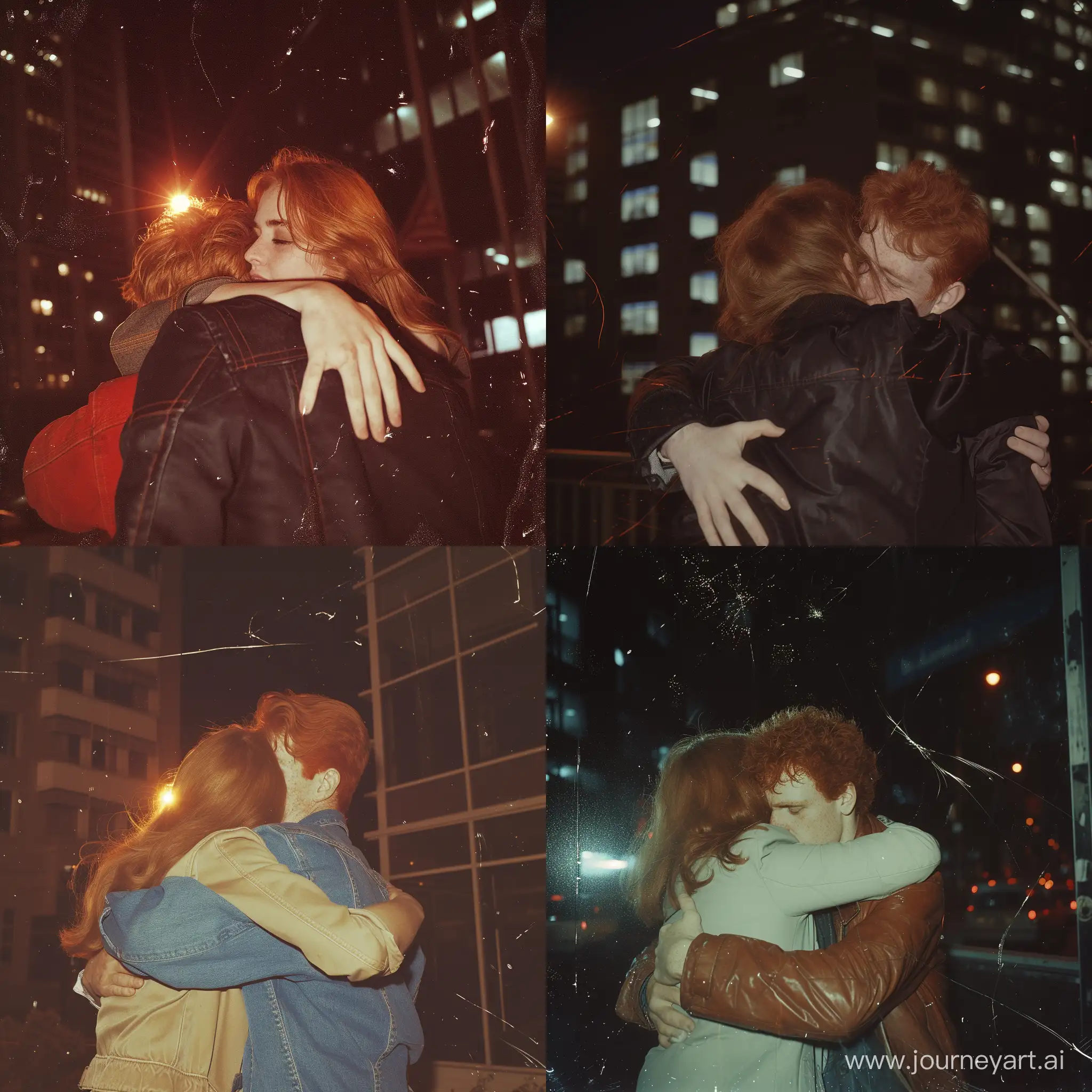 ultra-realitic photo, 16mm, grainy, night building urban scene, redhead man and biege-girl, shot from the back. she's hugging him. broken camera angle. artifacts. old photo from 1990s. drammatic flash. everything else is super dark almost invisible. ultra-realistic shot.
