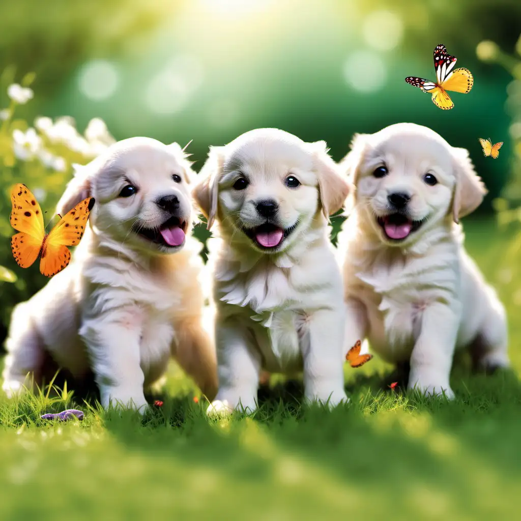 FOUR  
 Playful puppies in the garden with butterfly