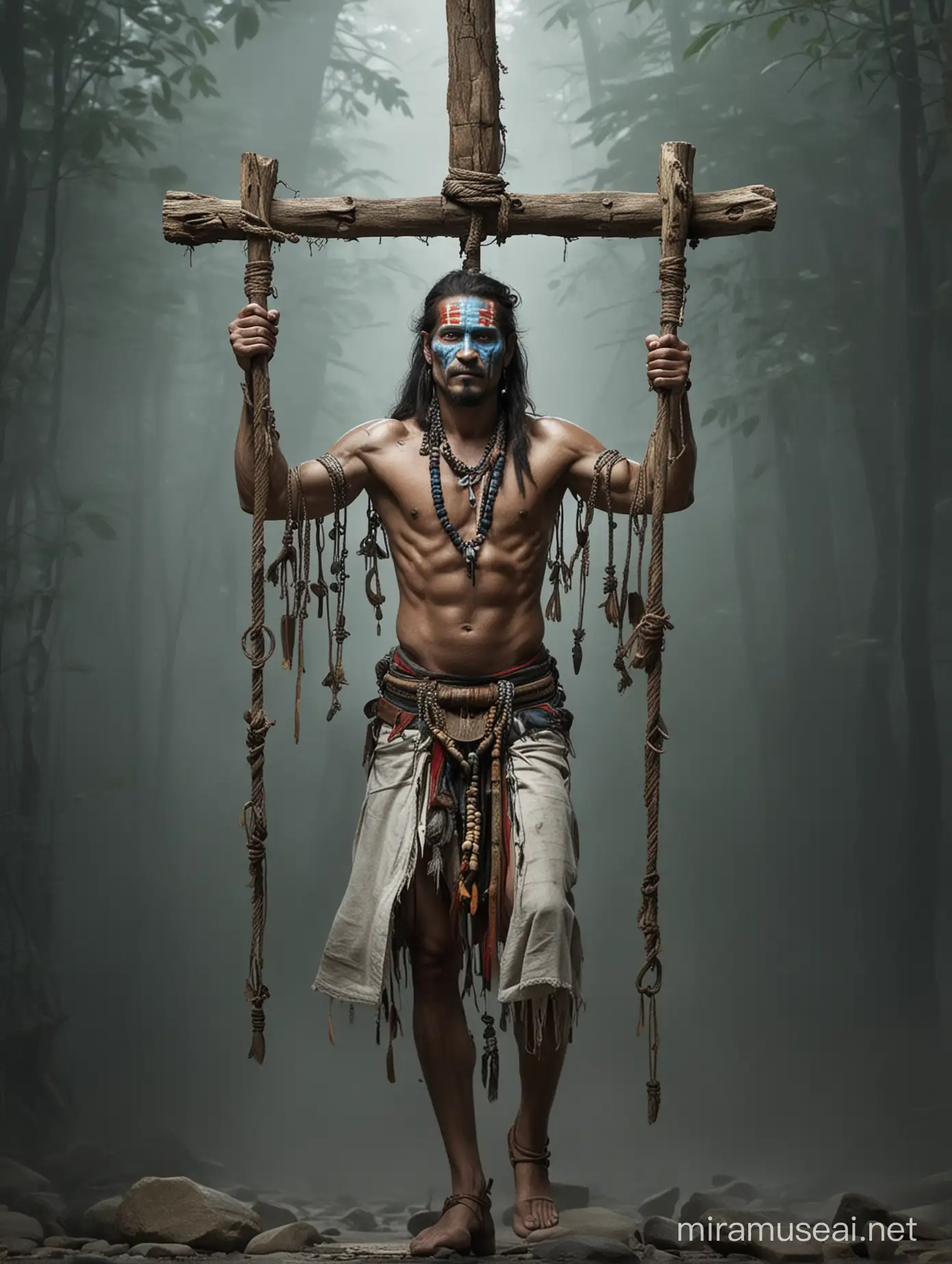 The image of a shaman depicted as shackled, hung on a stake, and left to die would certainly encapsulate the theme of the novel. It symbolizes the idea that for humans to fully embrace their agency and take control of their destiny, they must break free from the constraints of superstition and outdated beliefs represented by the shaman. book cover  design
