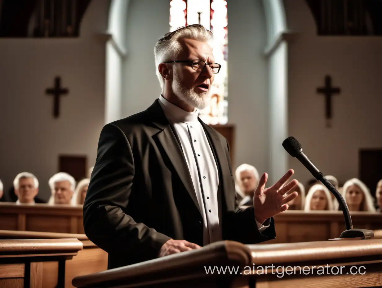 Харизматичный белый проповедник за кафедрой в собрании церкви мягкий свет кинематографическое высокореалистичное изображение