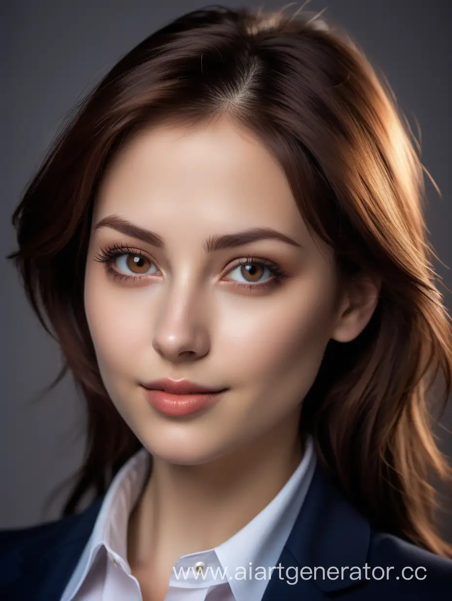 A charming girl of 30 years old in a dark blue business suit, a white shirt, the buttons are undone so that large and beautiful breasts, size D, are visible in the neckline. The nose is thin and straight. Plump lips. Fox eyes with long eyelashes. Eye color is brown. The face is very beautiful, there is a small dark mole above the lip! The hair is long, wavy, brown. The girl is a leader, you can see it in her eyes, but nevertheless she is cheerful. Photo for publication on a social network on an avatar. The background is light. Apparently, a study. Angle -3/4. The effects should look as realistic as possible, perhaps with minor defects of moles and wrinkles