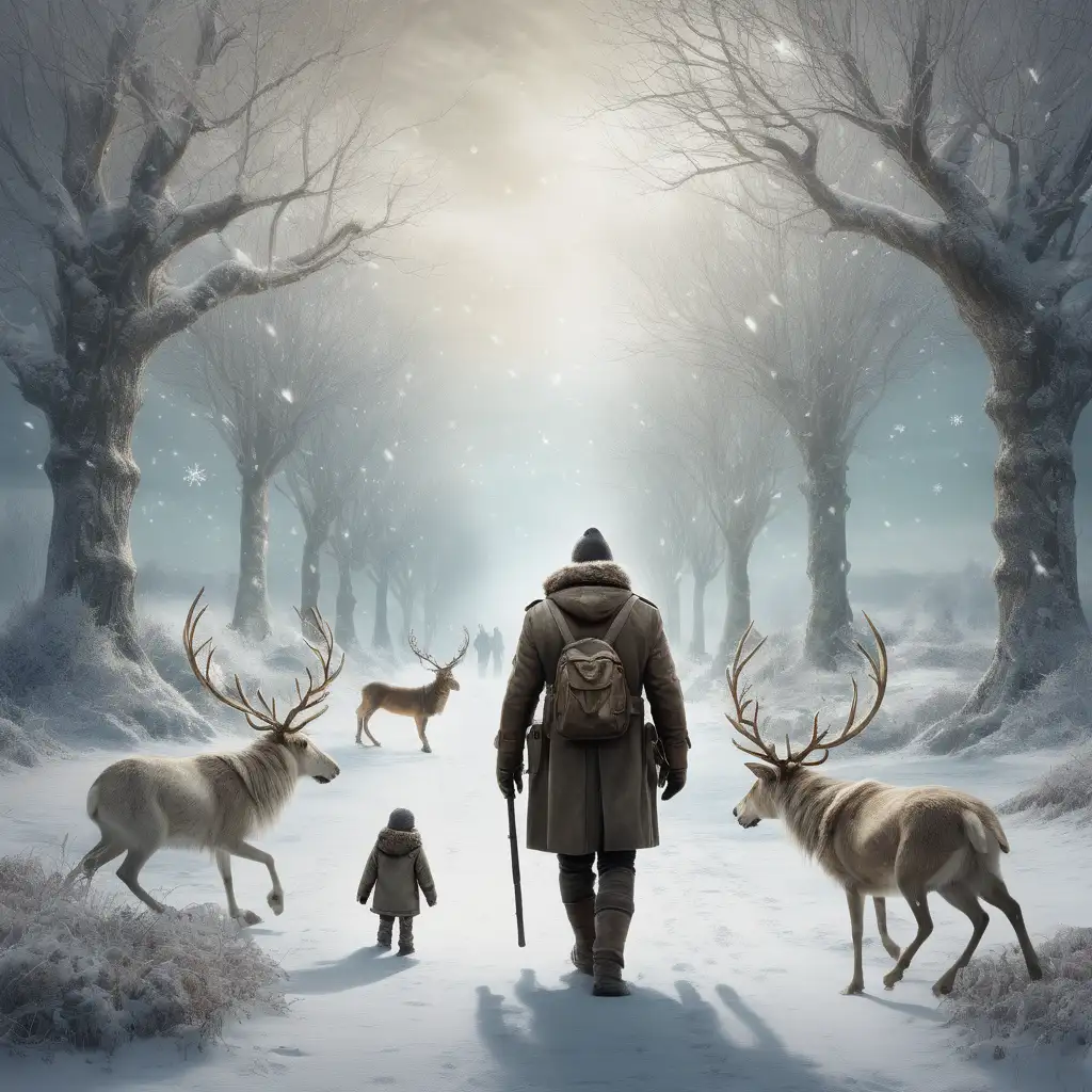 30x40 cm Battleworn man walking through winter wonderland with with magical creatures watching her closely 300dpi 
