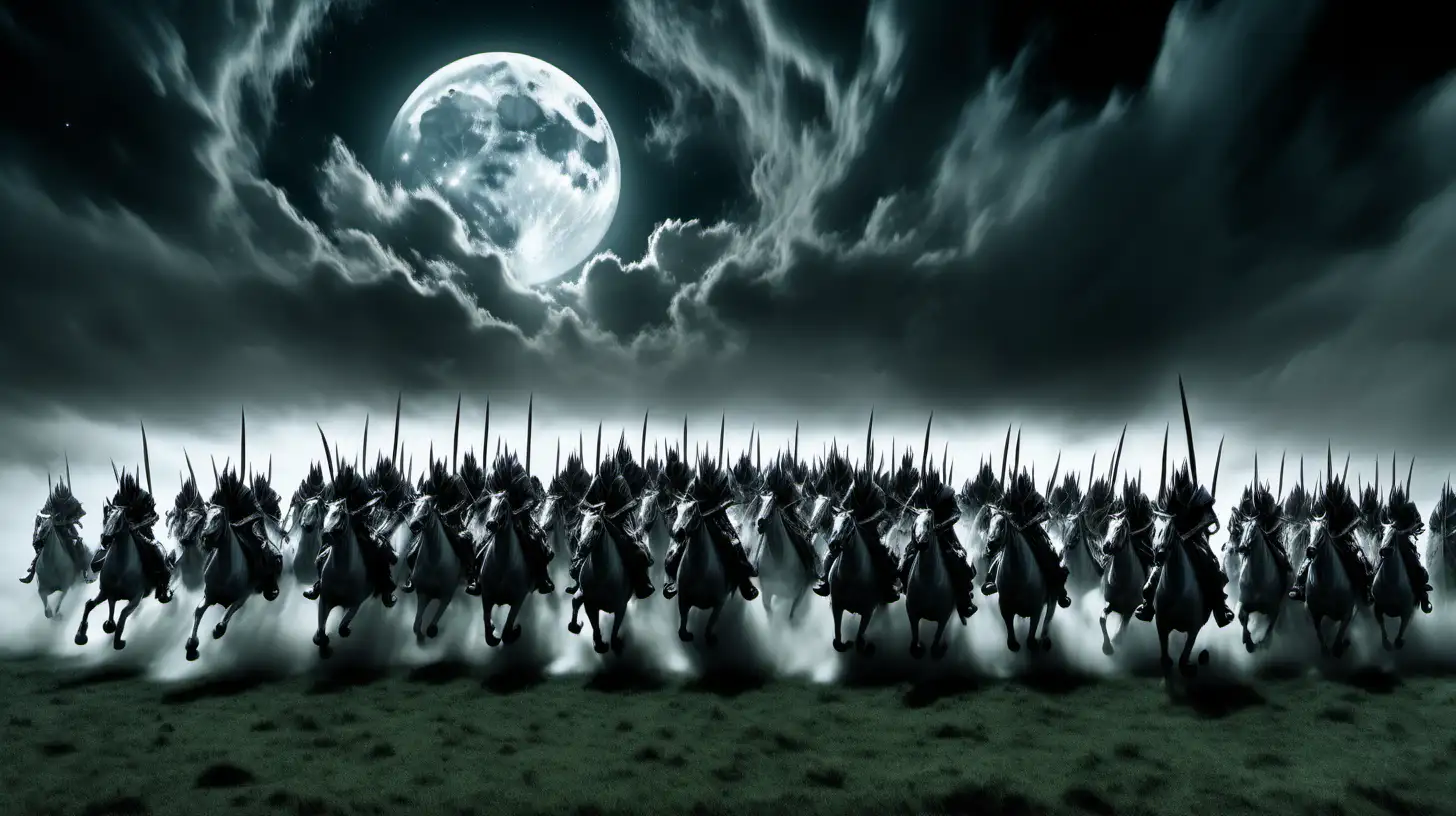 cinematic composition, ghostly, massed mounted riders charging on grassy plain , towards a gateway to another world, moon behind clouds, side view, dark elves, --s 25 --v5 --ar 16-9 --seed 8642396