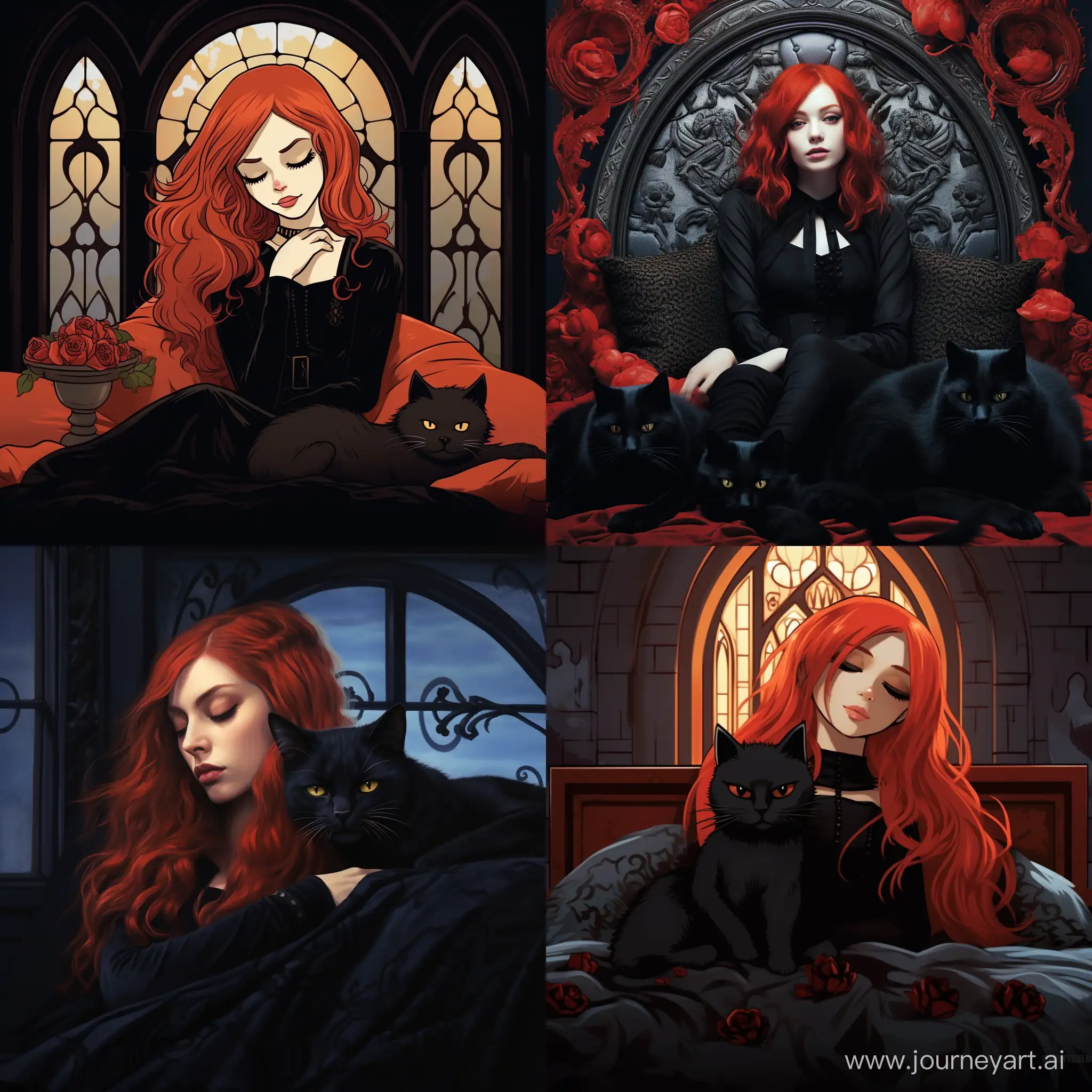 A girl with red hair in a black Gothic dress sleeps on a bed next to a Gothic-style cat