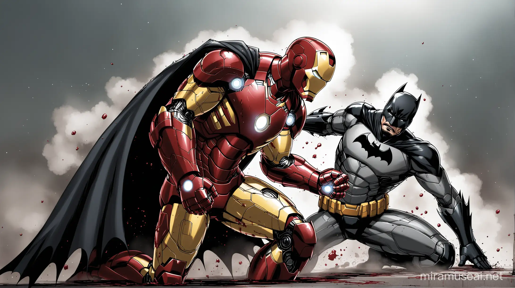 Iron man and batman fighting. both are very tired and bleeding.