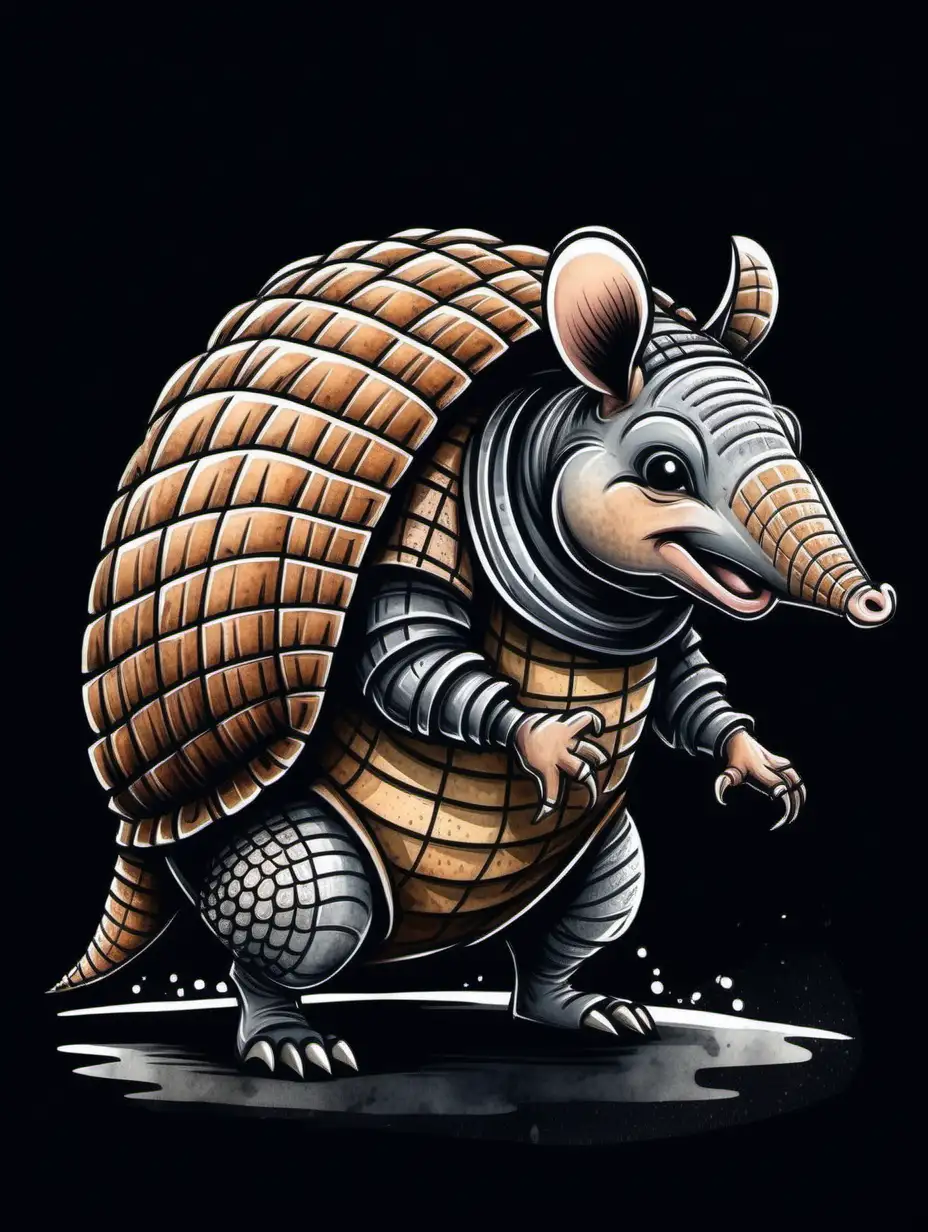 Armadillo cartoon style, ink drawing and watercolor, black background