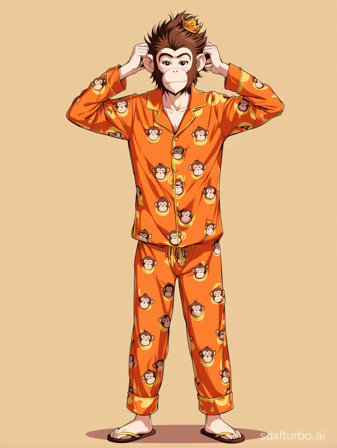 A monkey wearing pajamas, lazily standing at attention, wearing slippers, arms hanging vertically against the body, hands in pockets, appearing rather lazy, with a tuft of hair sticking up on the head; A modern version of the Monkey King, may appropriately add some modern vibe; youthful and energetic,