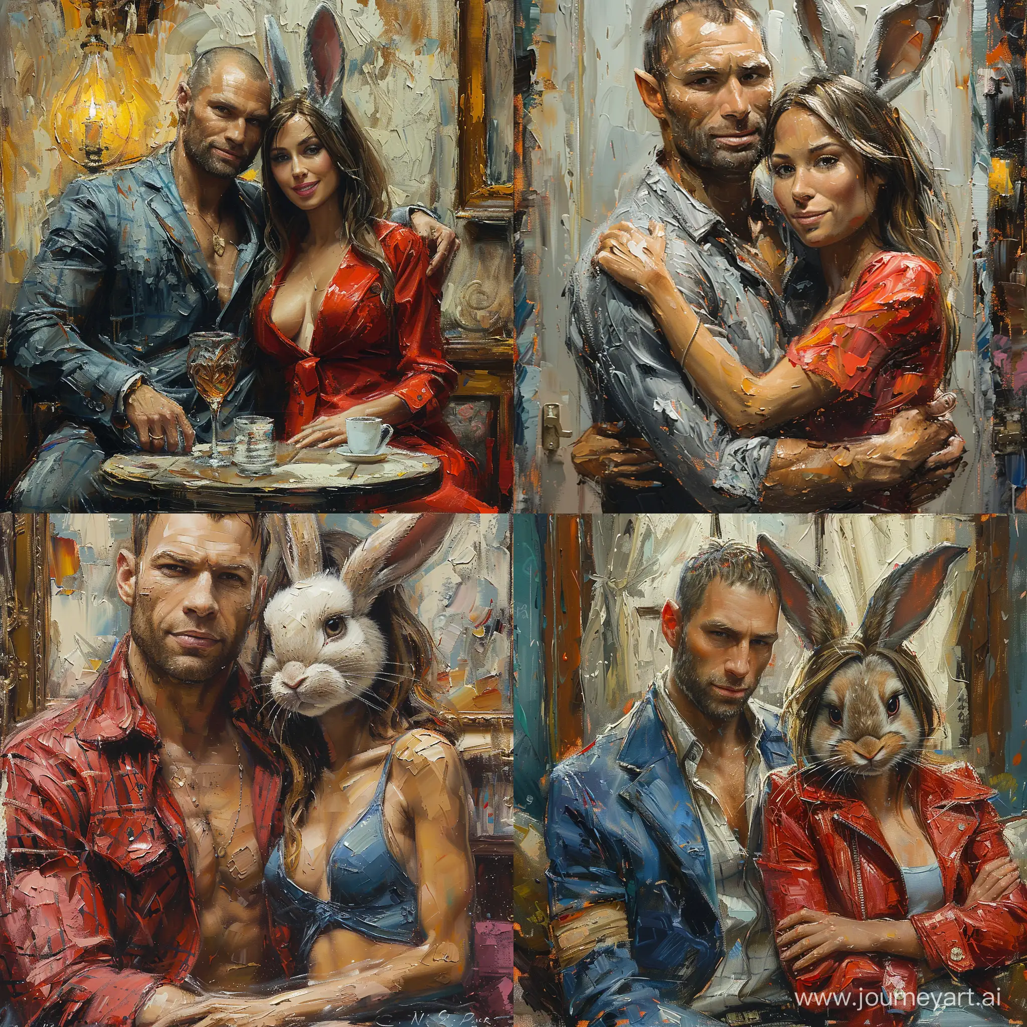 Jason Statham and Jessica Rabbit, night room, energetic brushwork, bold colors, abstract forms, expressive, emotional, thick impasto painting, highly detailed, sharp focus, ultra sharpness highly detailed --style raw --stylize 750