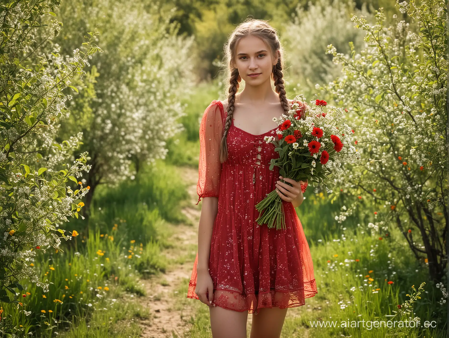 Русская молодая сельская девушка в фруктовом саду, красный полупрозрачный сарафан ультра короткий, длинные русые косы, держит букет полевых цветов 