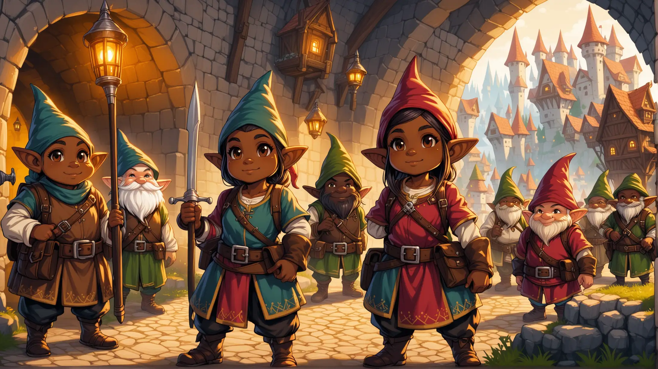 young dark skin gnomes, men and clean shaved women with no beard, rogues and gunners, underground gnome city, Medieval fantasy