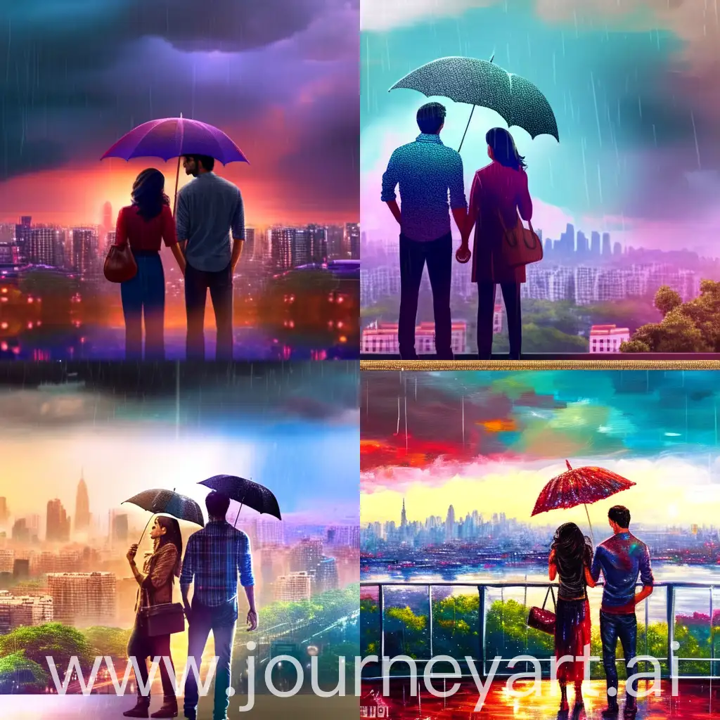 Picture a vibrant cityscape of Mumbai in the background, with rain pouring down, creating shimmering reflections on the streets. In the foreground, you could have silhouettes of Riya and Arjun standing side by side, facing the city with determination. Riya could be holding a notebook and pen, symbolizing her role as a journalist, while Arjun could be holding a paintbrush or palette, representing his passion for art. Behind them, a storm cloud looms, hinting at the challenges they'll face on their journey. The title "Chasing Monsoon Dreams" could be written in bold, dynamic font, perhaps with a splash of color to mimic the vibrant energy of Mumbai.